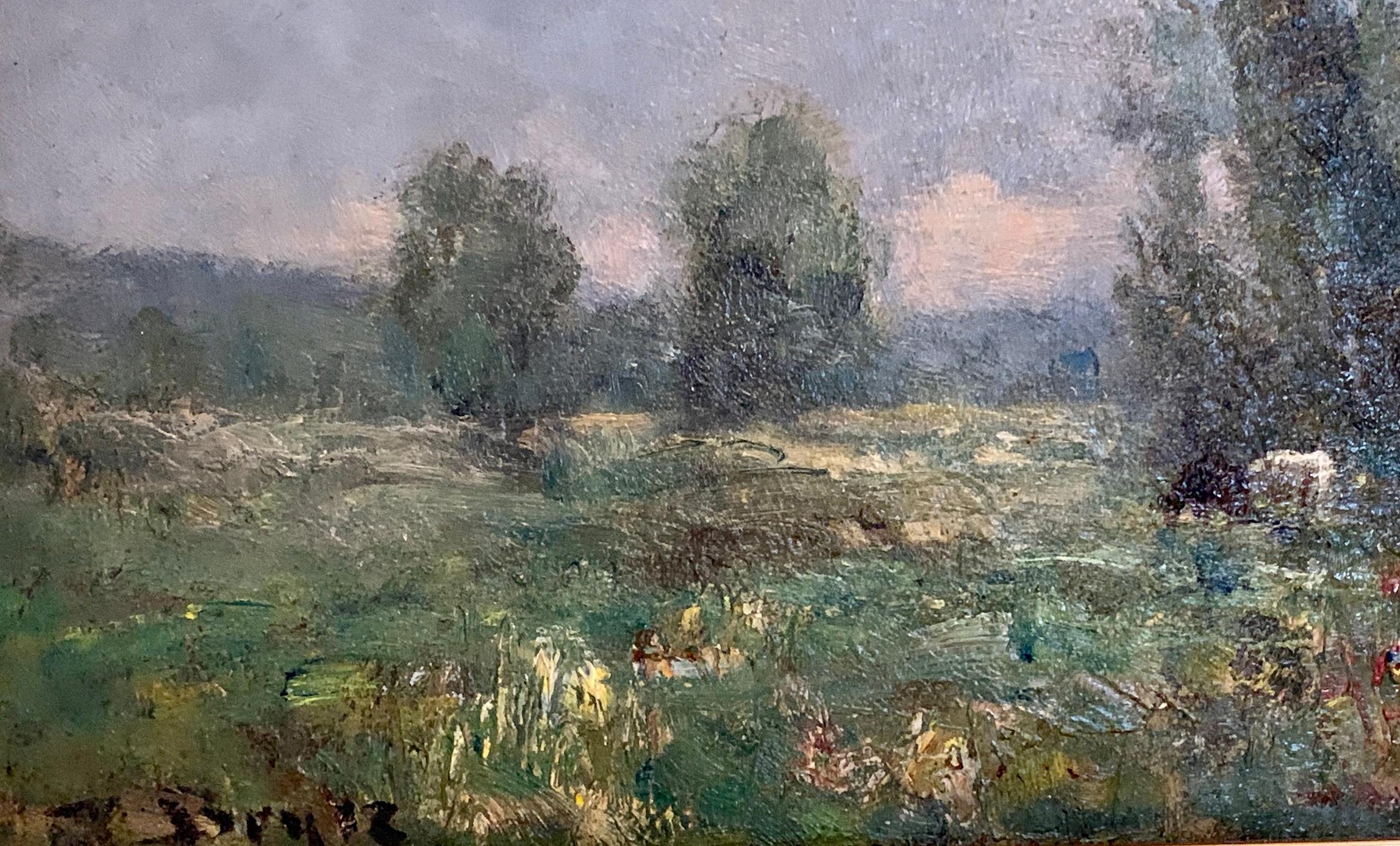 Paysage impressionniste français, forêt de Barbizon, avec rivière et vaches au coucher du soleil - Impressionnisme Painting par George Boyle
