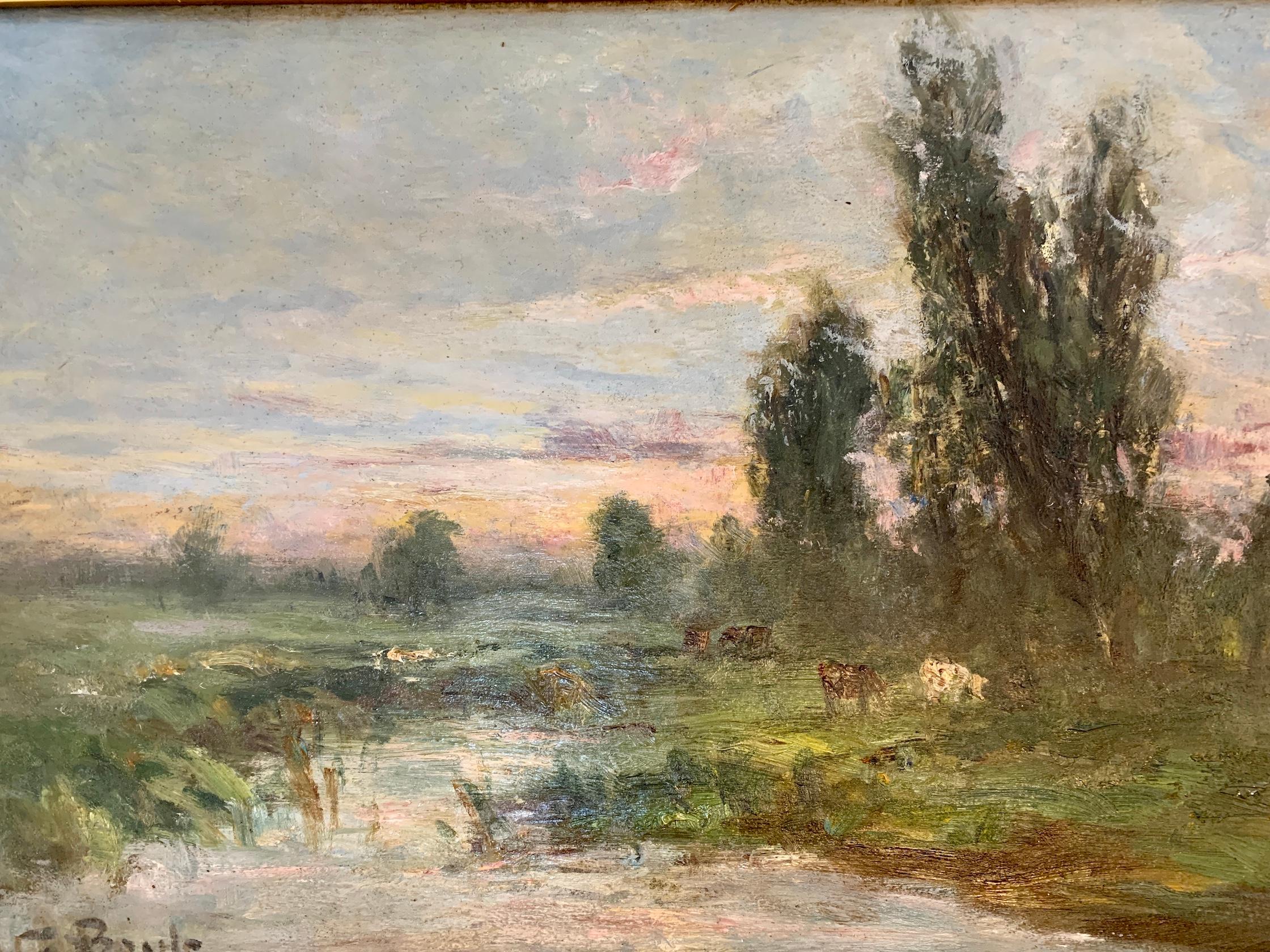 French impressionist landscape, Barbizon forest, with river and cows at Sunset - Impressionist Painting by George Boyle