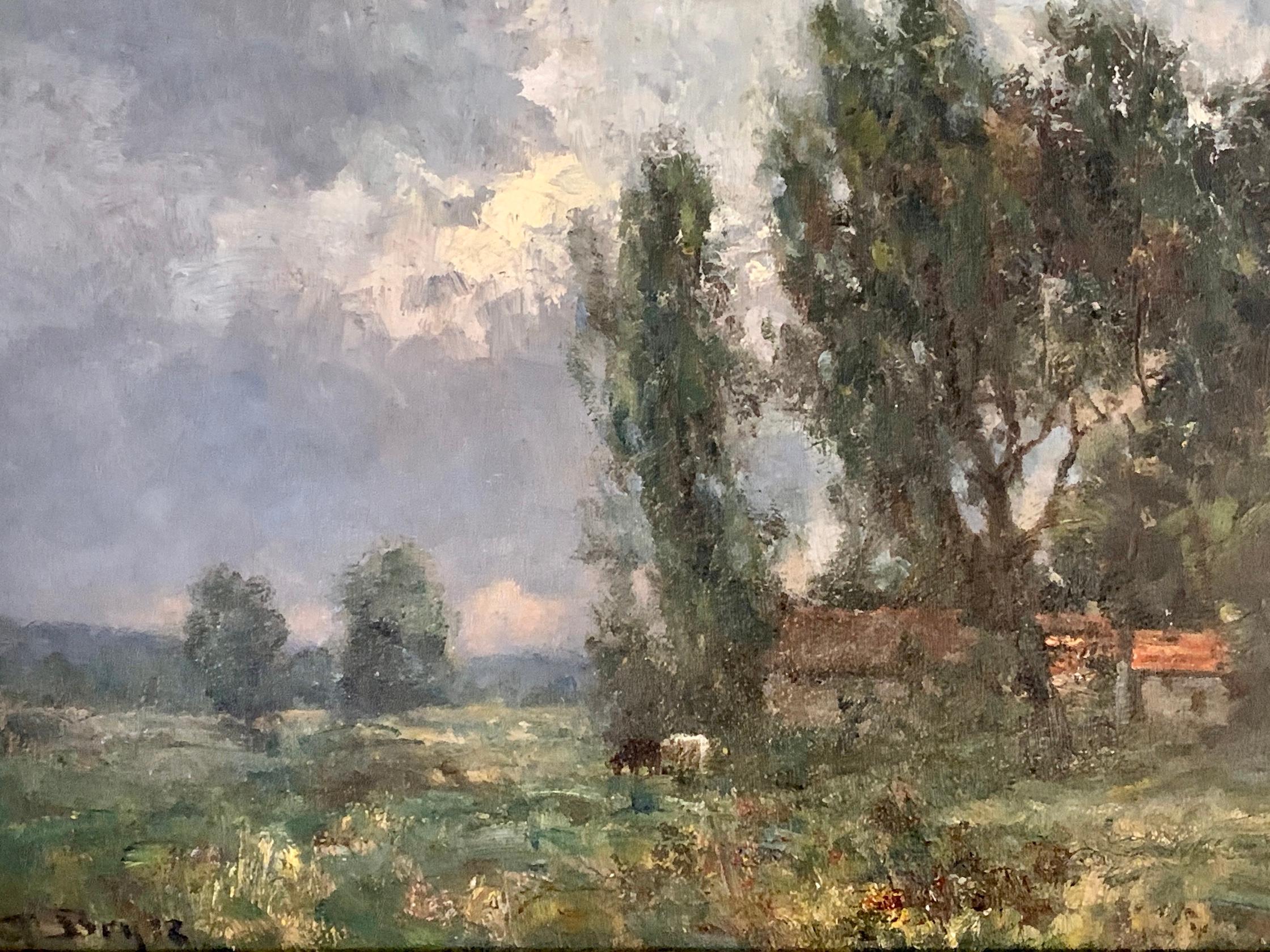 French impressionist landscape, Barbizon forest, with river and cows at Sunset - Brown Figurative Painting by George Boyle