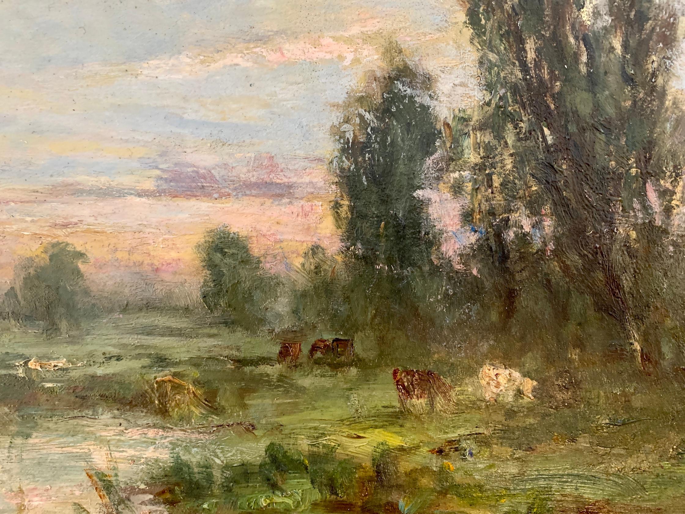 French impressionist landscape, Barbizon forest, with river and cows at Sunset - Brown Landscape Painting by George Boyle