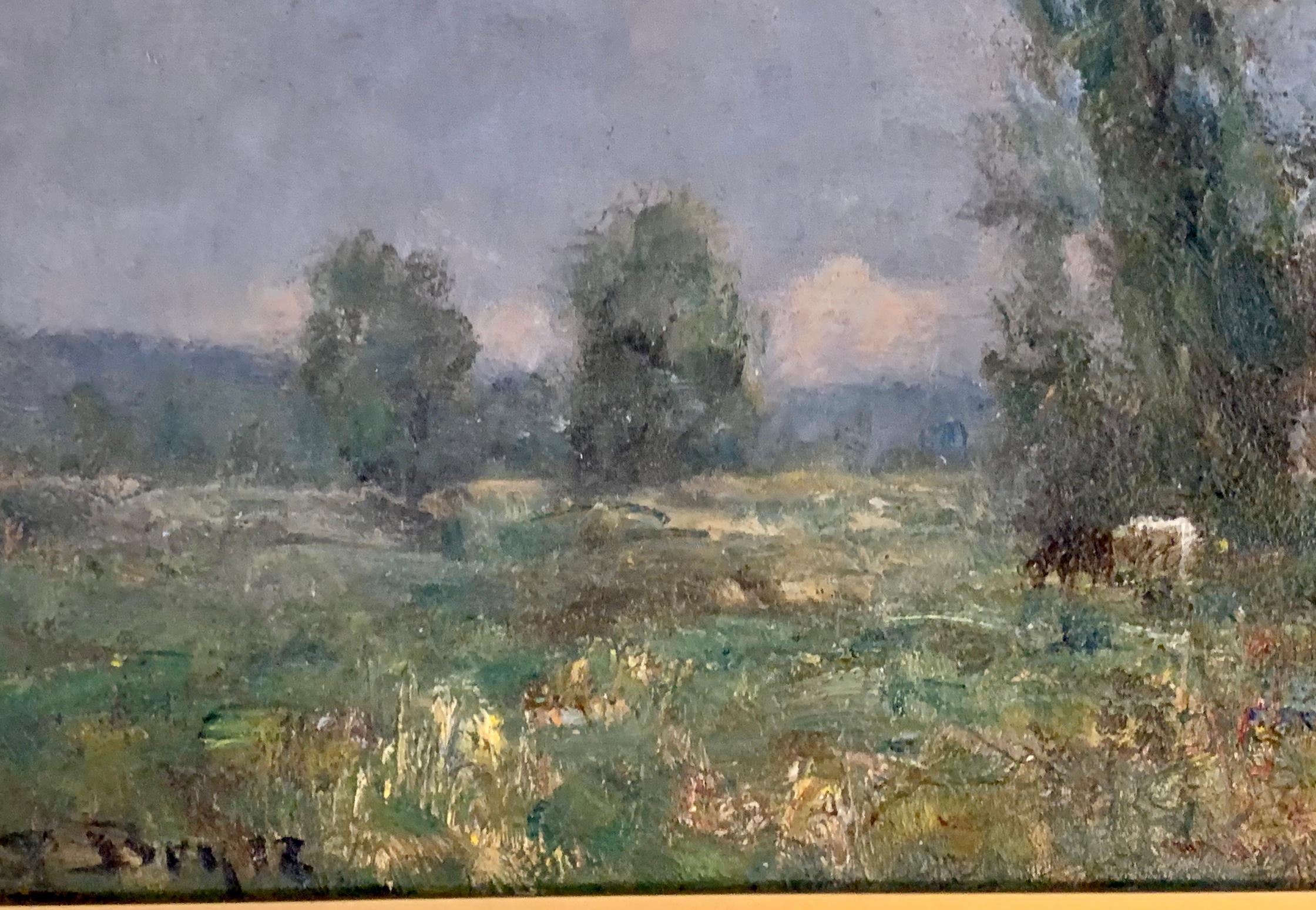 French impressionist landscape, Barbizon forest, with river and cows at Sunset
 Boyle was a pioneering 19th-century British artist inspired by European Impressionist painters.

The influence of the French Barbizon school is very evident in his