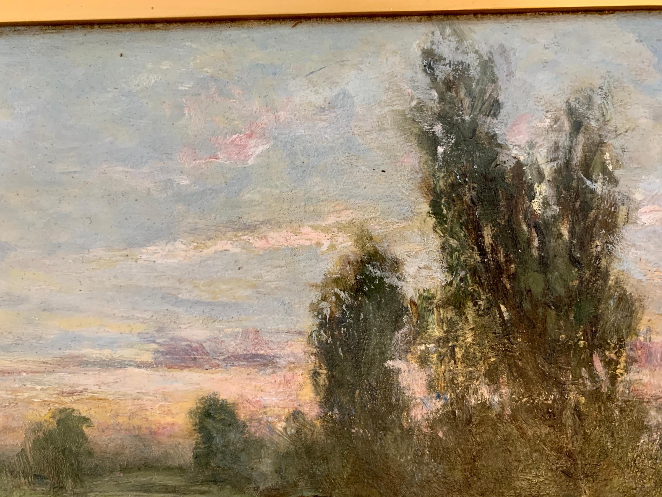Französische impressionistische Landschaft von Barbizon, Wald mit Fluss und Kühen bei Sonnenuntergang
George Boyle war ein bahnbrechender britischer Künstler des 19. Jahrhunderts, der sich von den europäischen Impressionisten inspirieren ließ.

Der