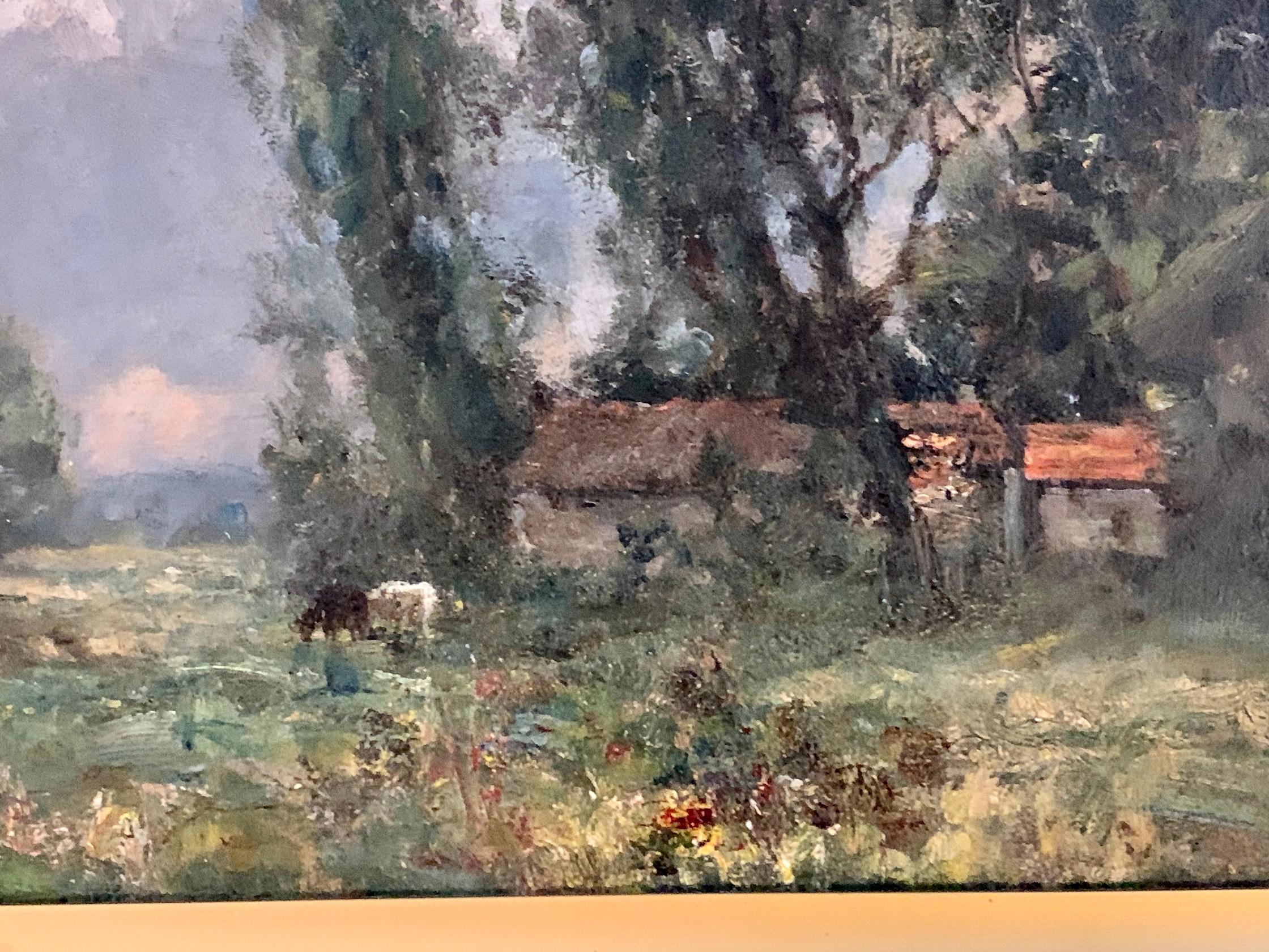 Paysage impressionniste français, forêt de Barbizon, avec rivière et vaches au coucher du soleil en vente 1