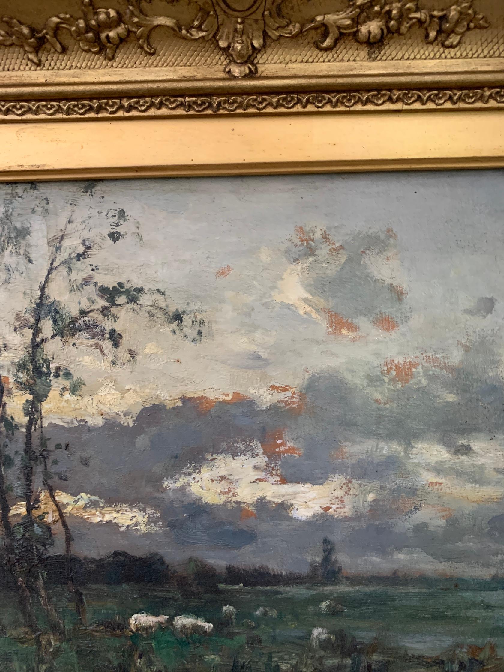 Paesaggio impressionista francese, foresta di Barbizon, con fiume e mucche al tramonto 2
