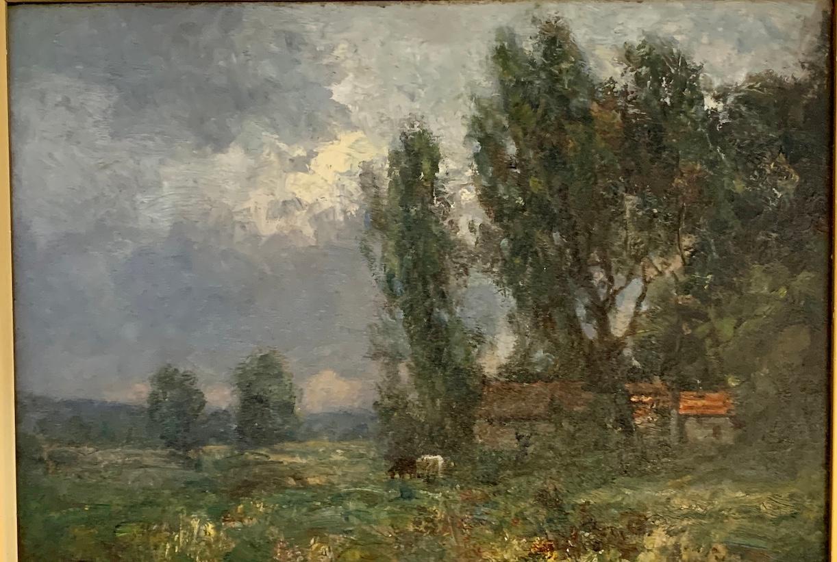 French impressionist landscape, Barbizon forest, with river and cows at Sunset For Sale 4