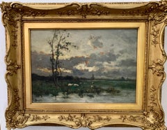 Antique French impressionist landscape, Barbizon forest, with river and cows at Sunset