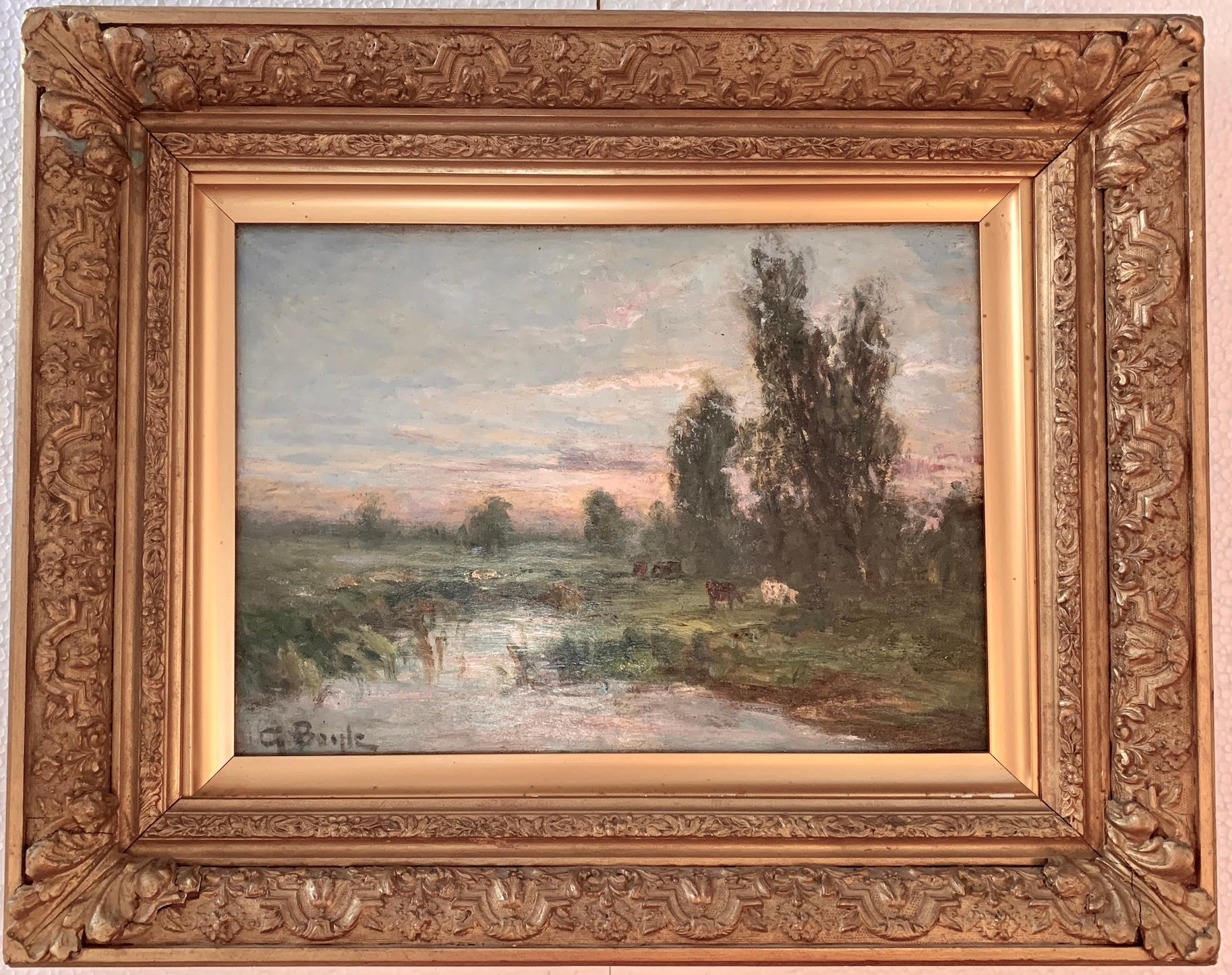 George Boyle Landscape Painting – Französische impressionistische Landschaft von Barbizon, Wald mit Fluss und Kühen bei Sonnenuntergang