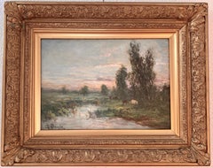 French impressionist landscape, Barbizon forest, with river and cows at Sunset