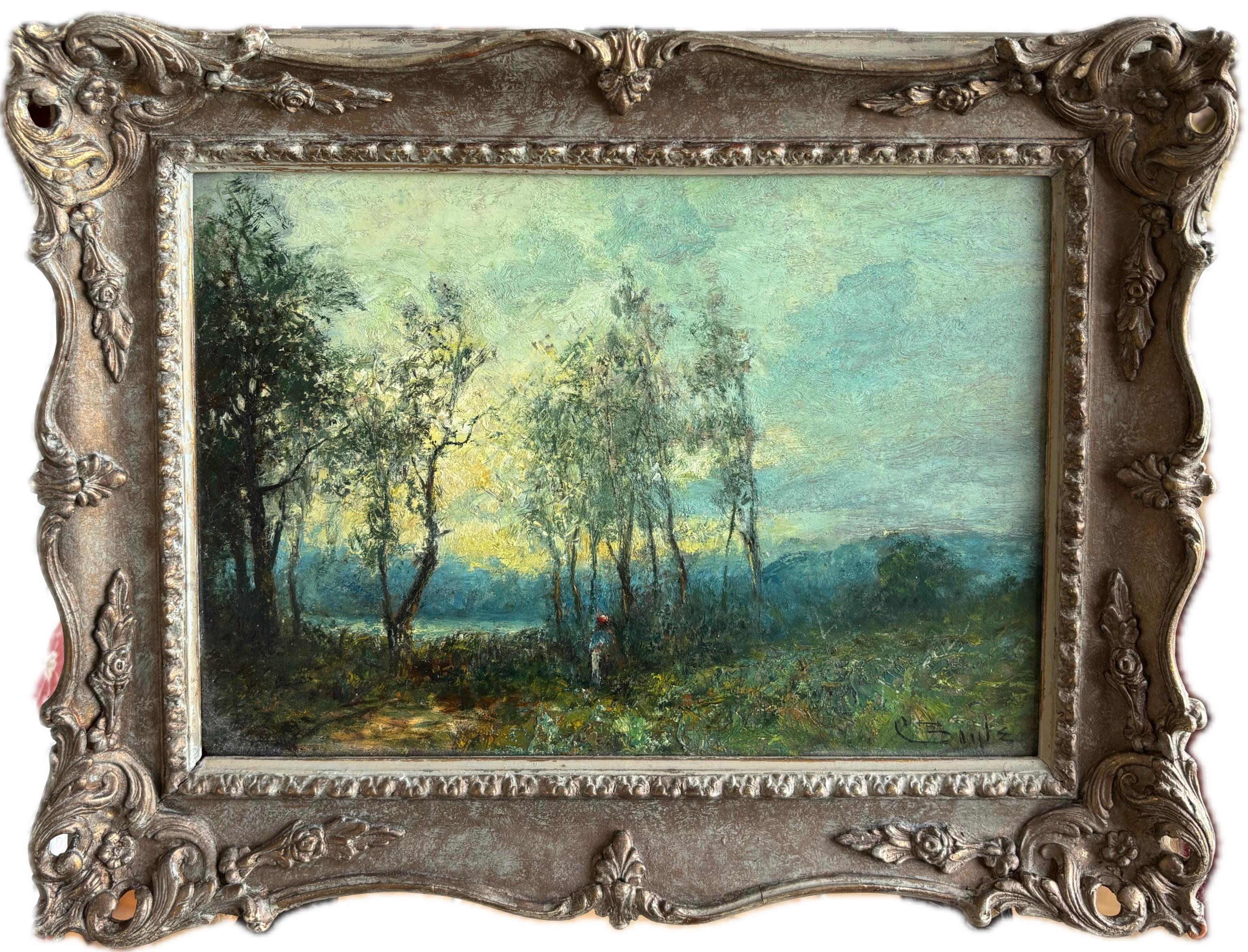 George Boyle Impressionist oil painting, Barbizon School, figure by the woods