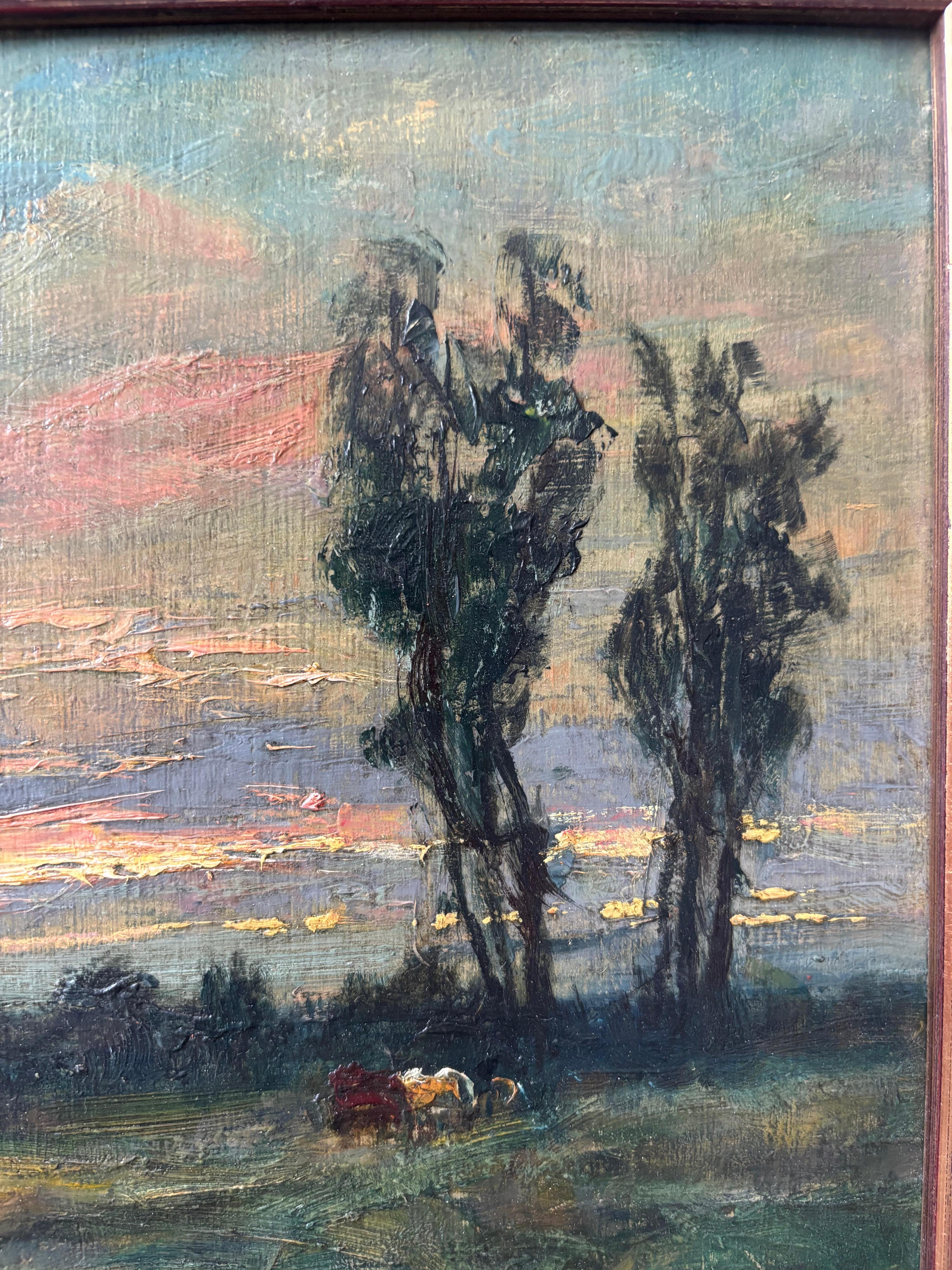 George Boyle Peinture à l'huile impressionniste, école de Barbizon, troupeau, coucher de soleil en vente 10