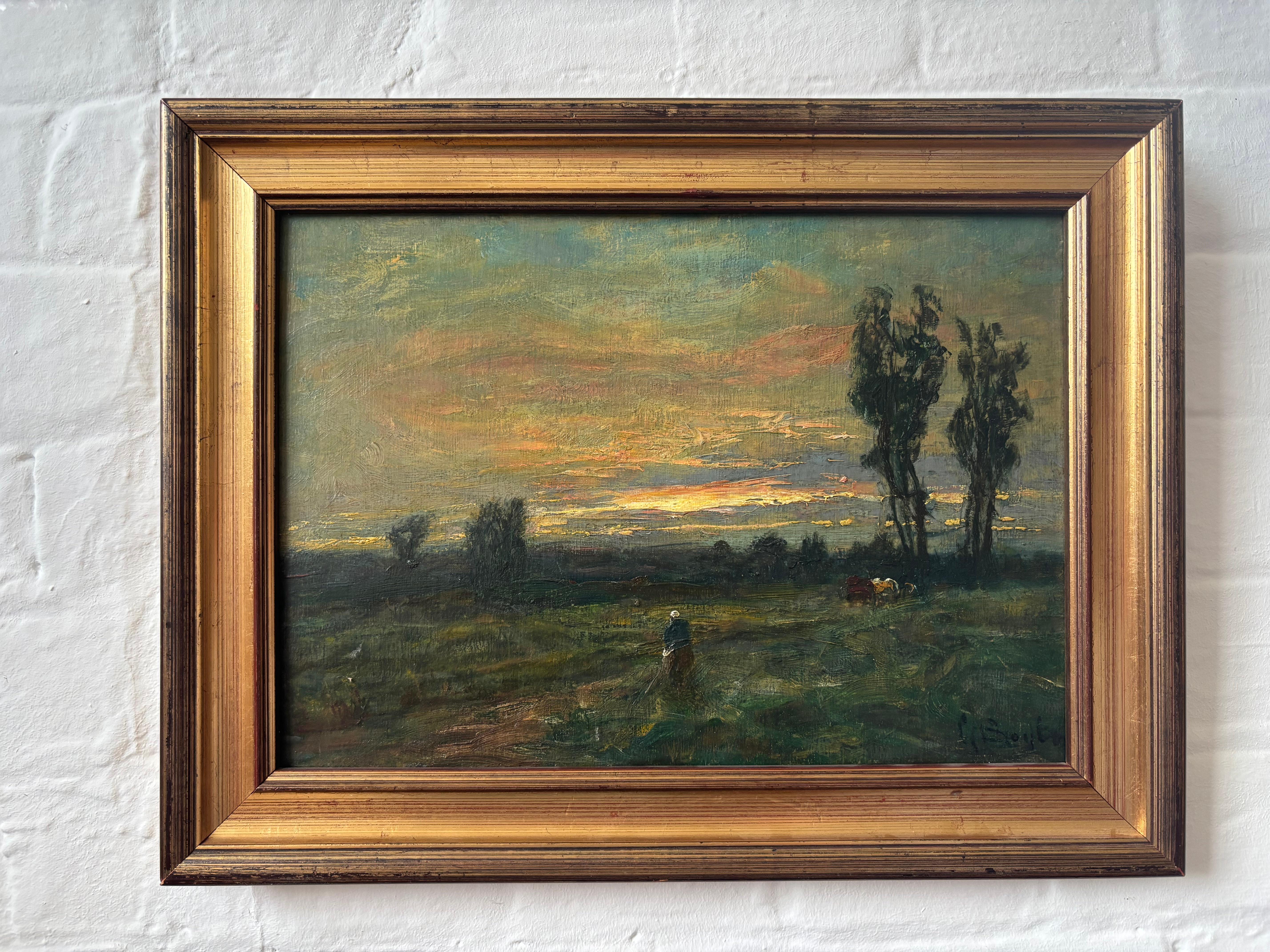 George Boyle Peinture à l'huile impressionniste, école de Barbizon, troupeau, coucher de soleil en vente 13