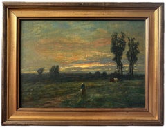 George Boyle Impressionist oil painting, Barbizon School, herding cattle, sunset