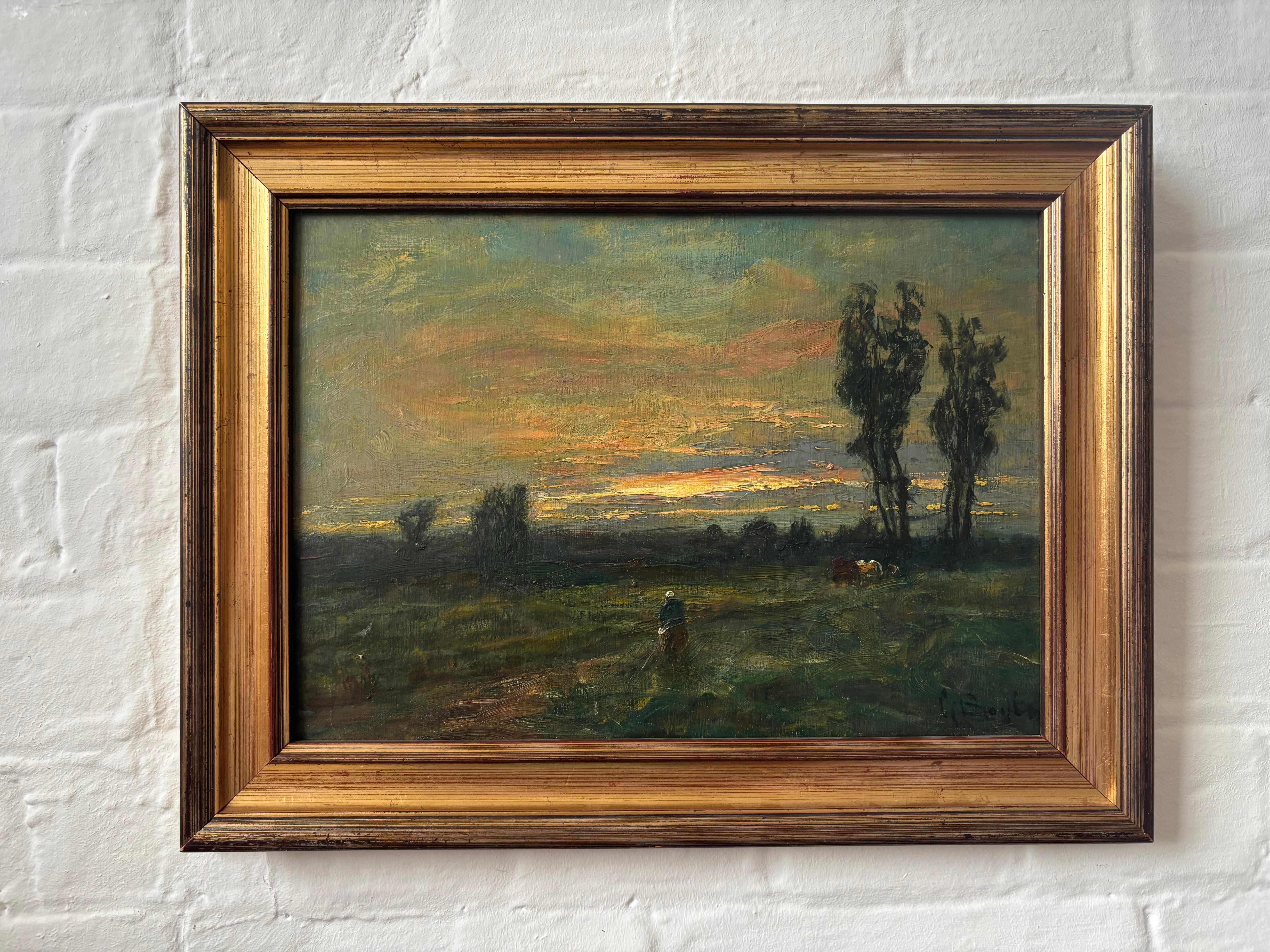 George Boyle Peinture à l'huile impressionniste, école de Barbizon, troupeau, coucher de soleil en vente 2