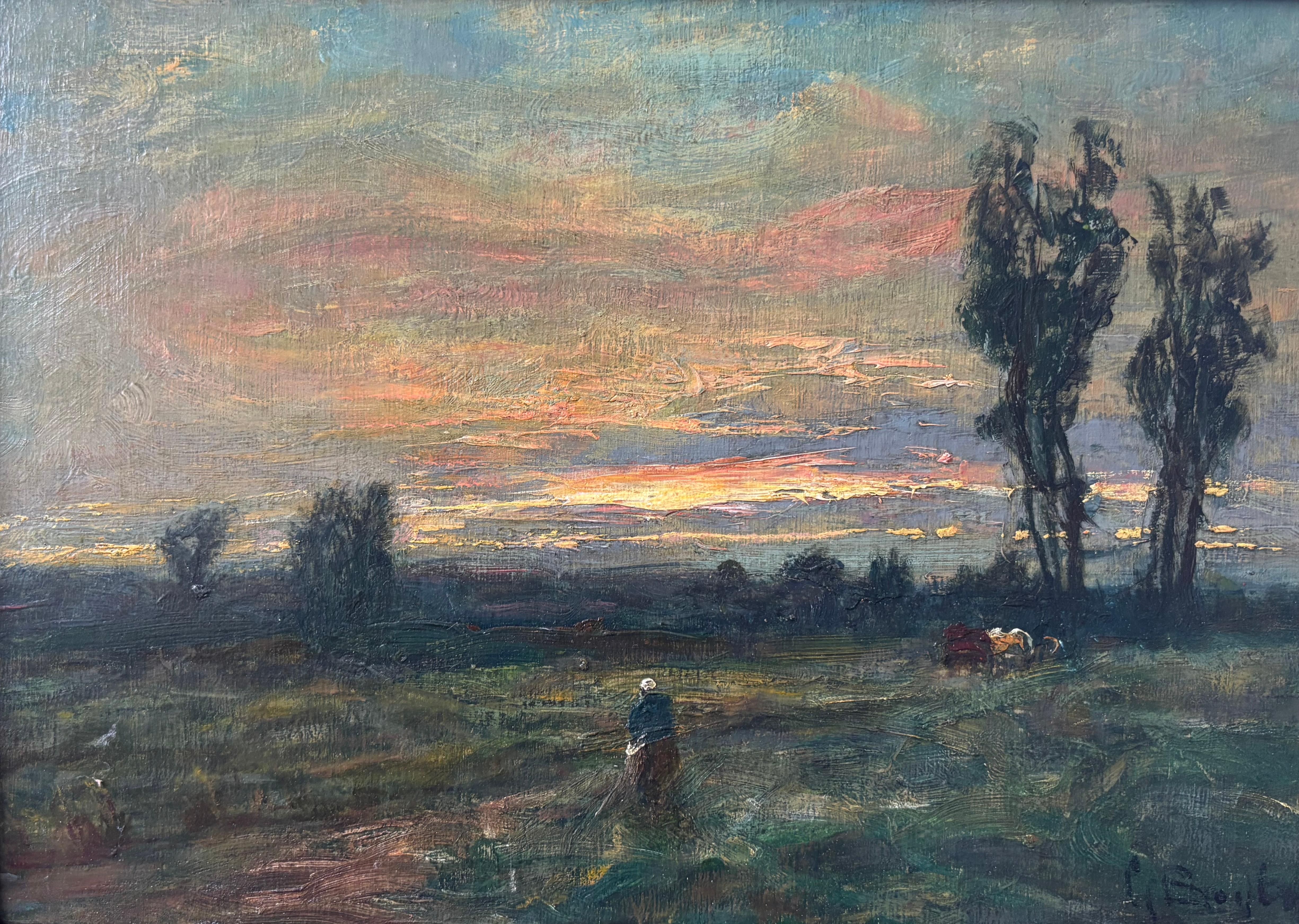 George Boyle Peinture à l'huile impressionniste, école de Barbizon, troupeau, coucher de soleil en vente 3