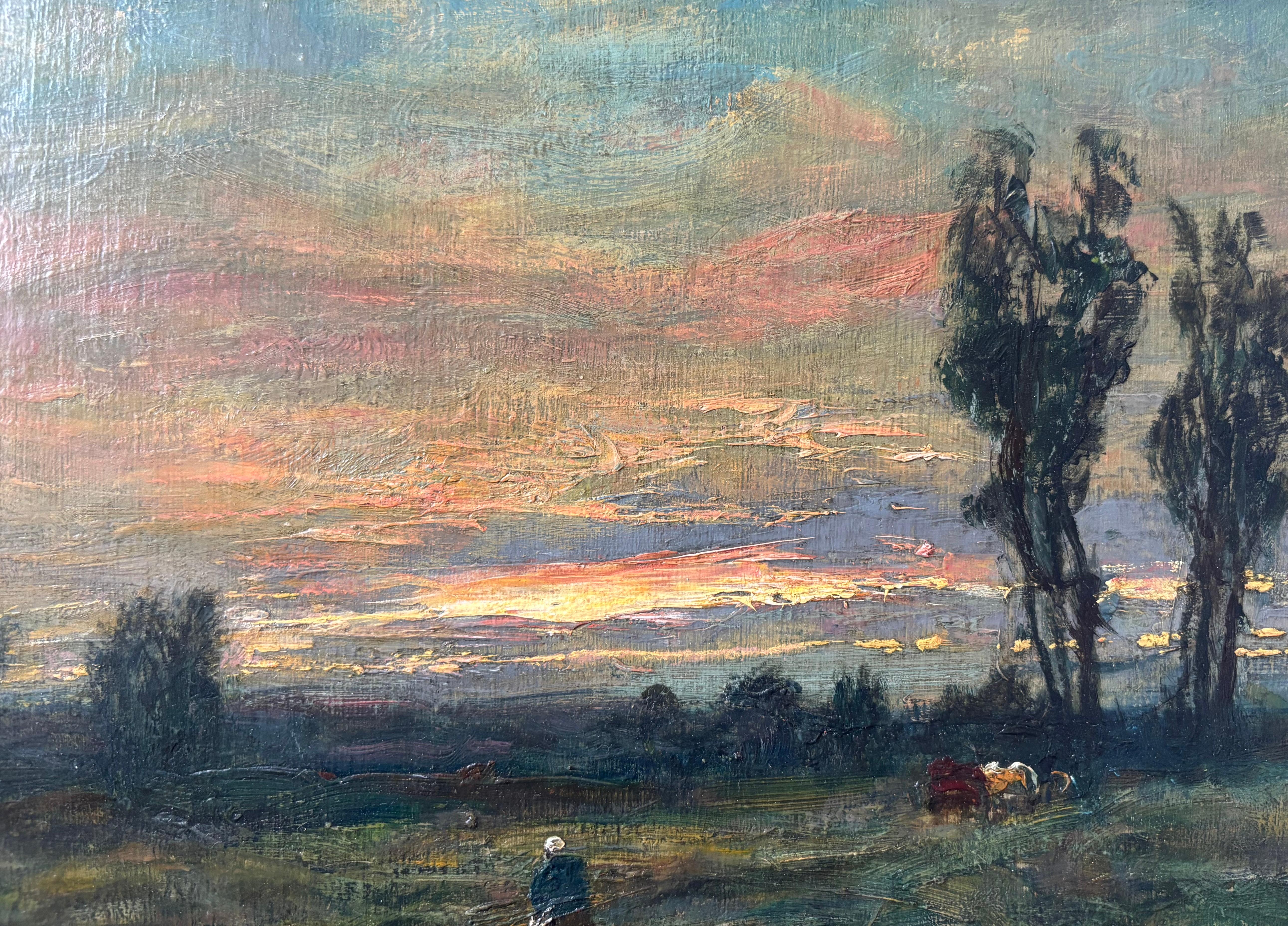 George Boyle Peinture à l'huile impressionniste, école de Barbizon, troupeau, coucher de soleil en vente 4