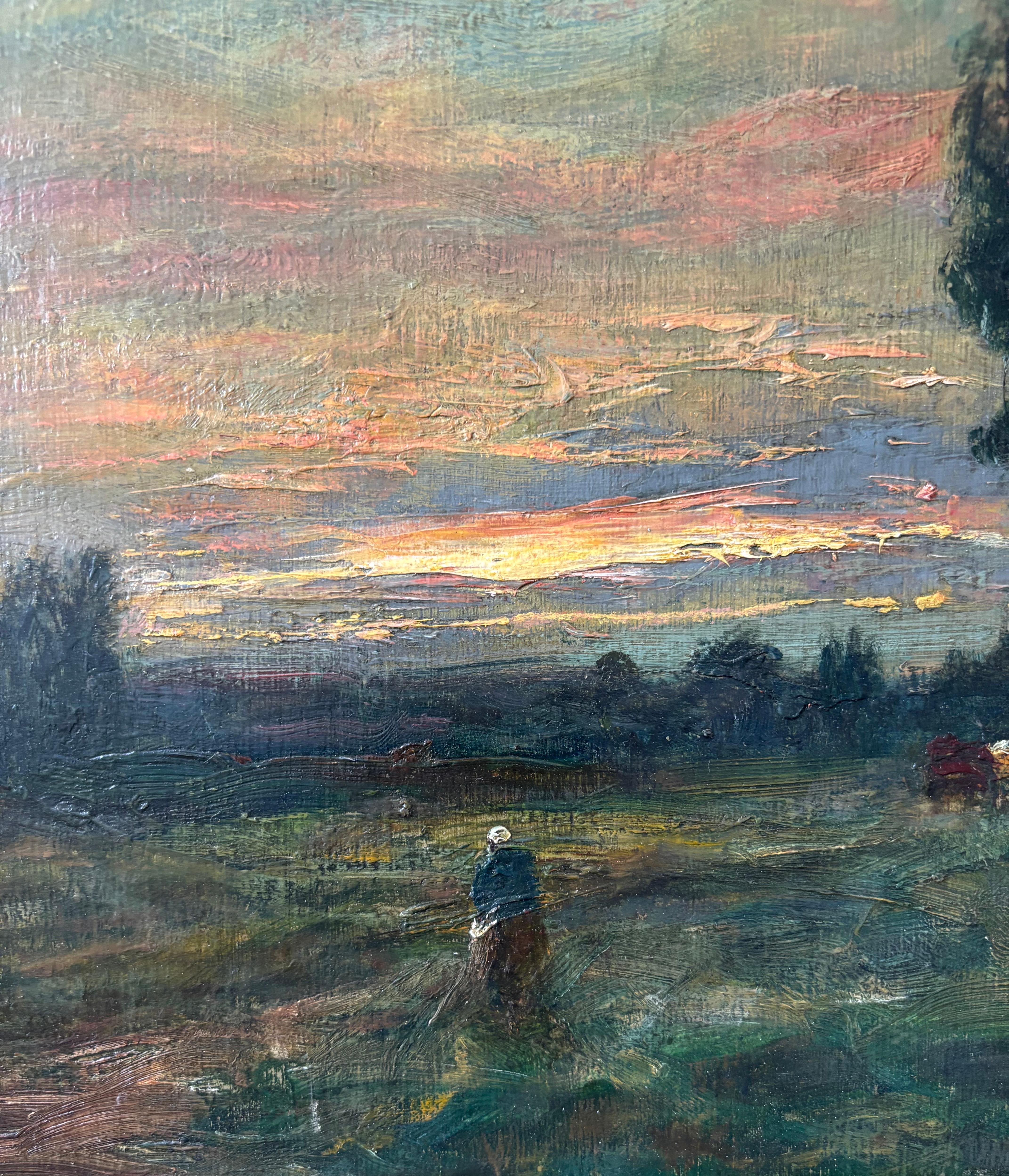 George Boyle Peinture à l'huile impressionniste, école de Barbizon, troupeau, coucher de soleil en vente 5