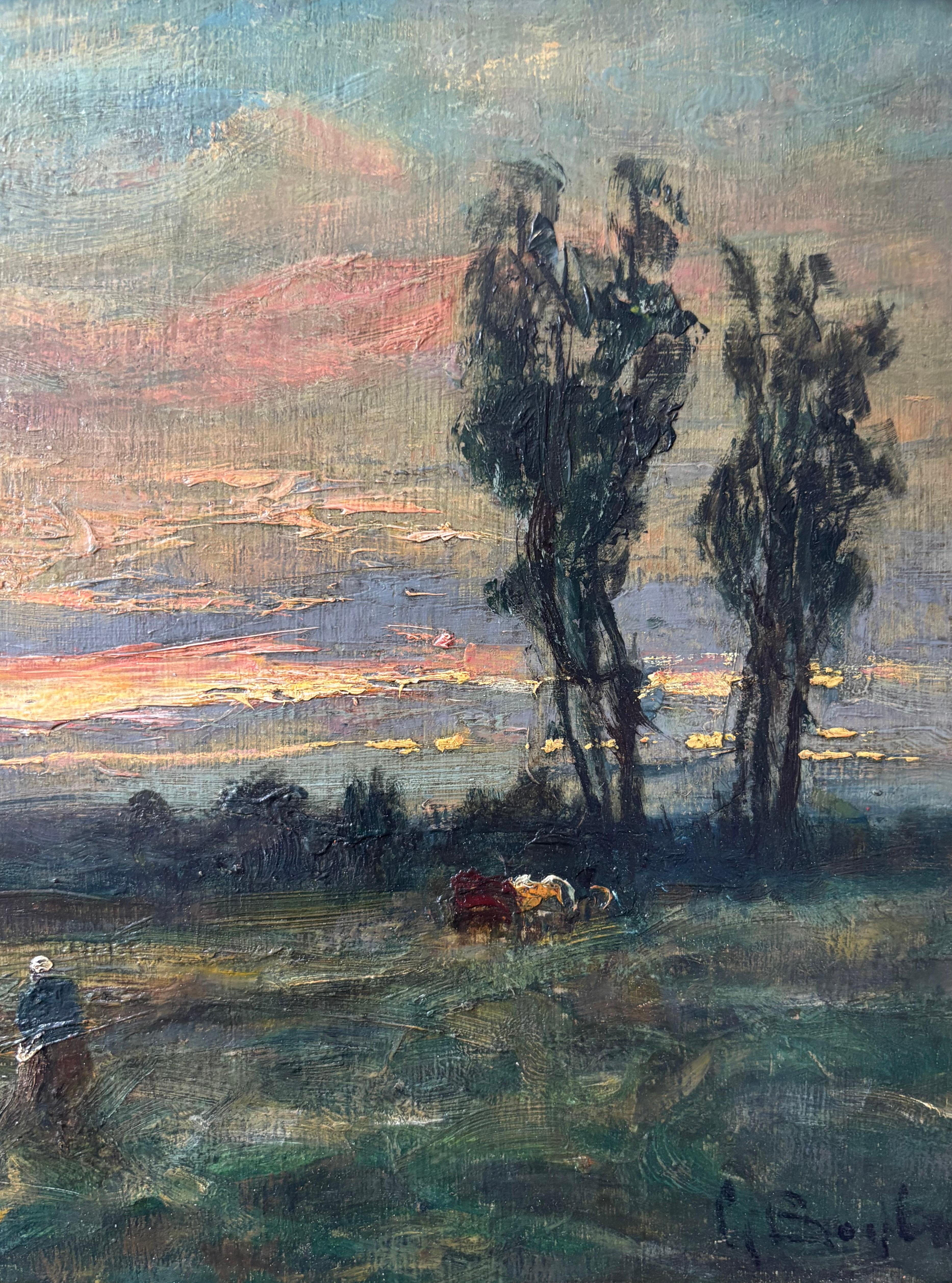 George Boyle Peinture à l'huile impressionniste, école de Barbizon, troupeau, coucher de soleil en vente 6