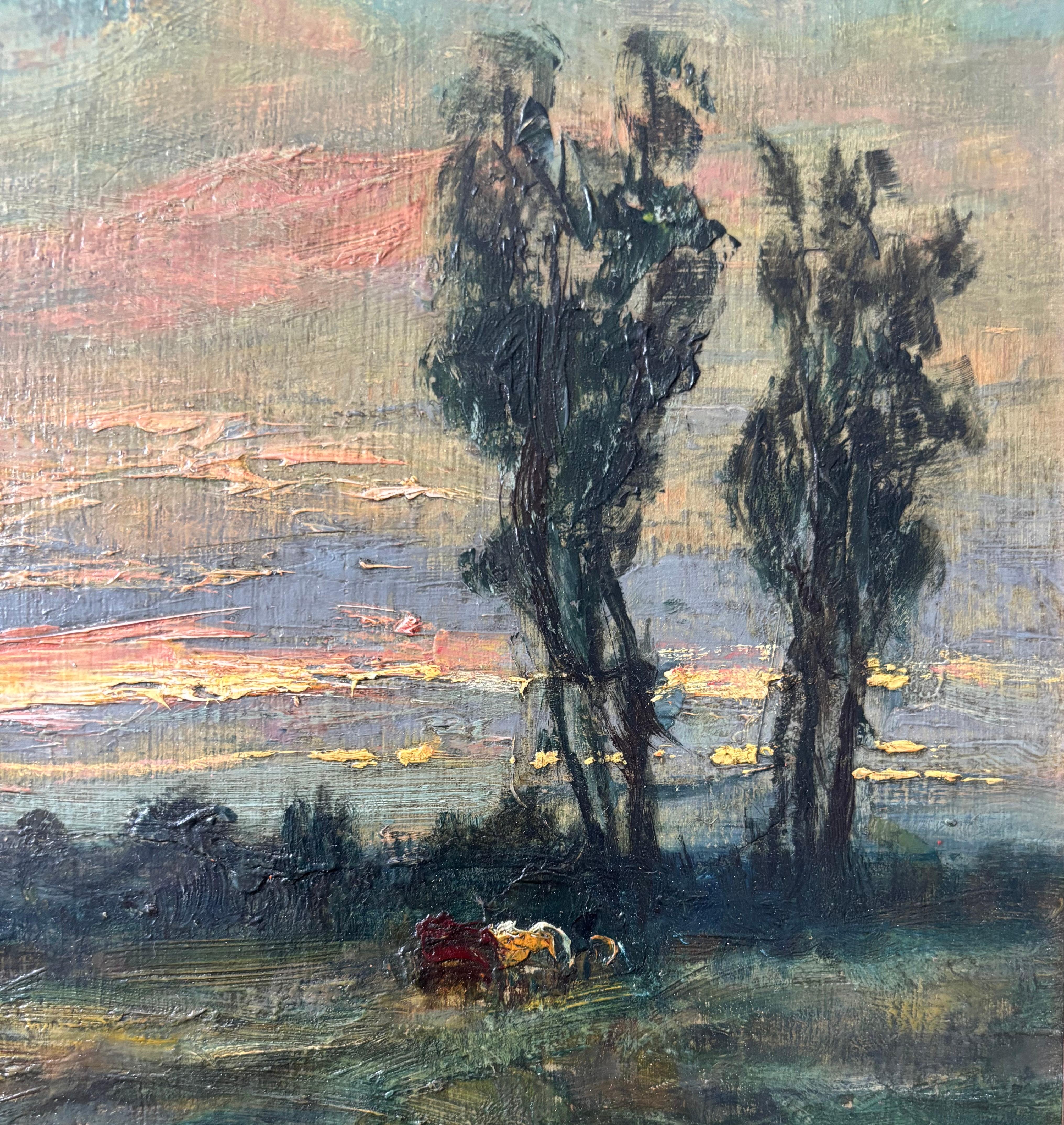 George Boyle Peinture à l'huile impressionniste, école de Barbizon, troupeau, coucher de soleil en vente 7