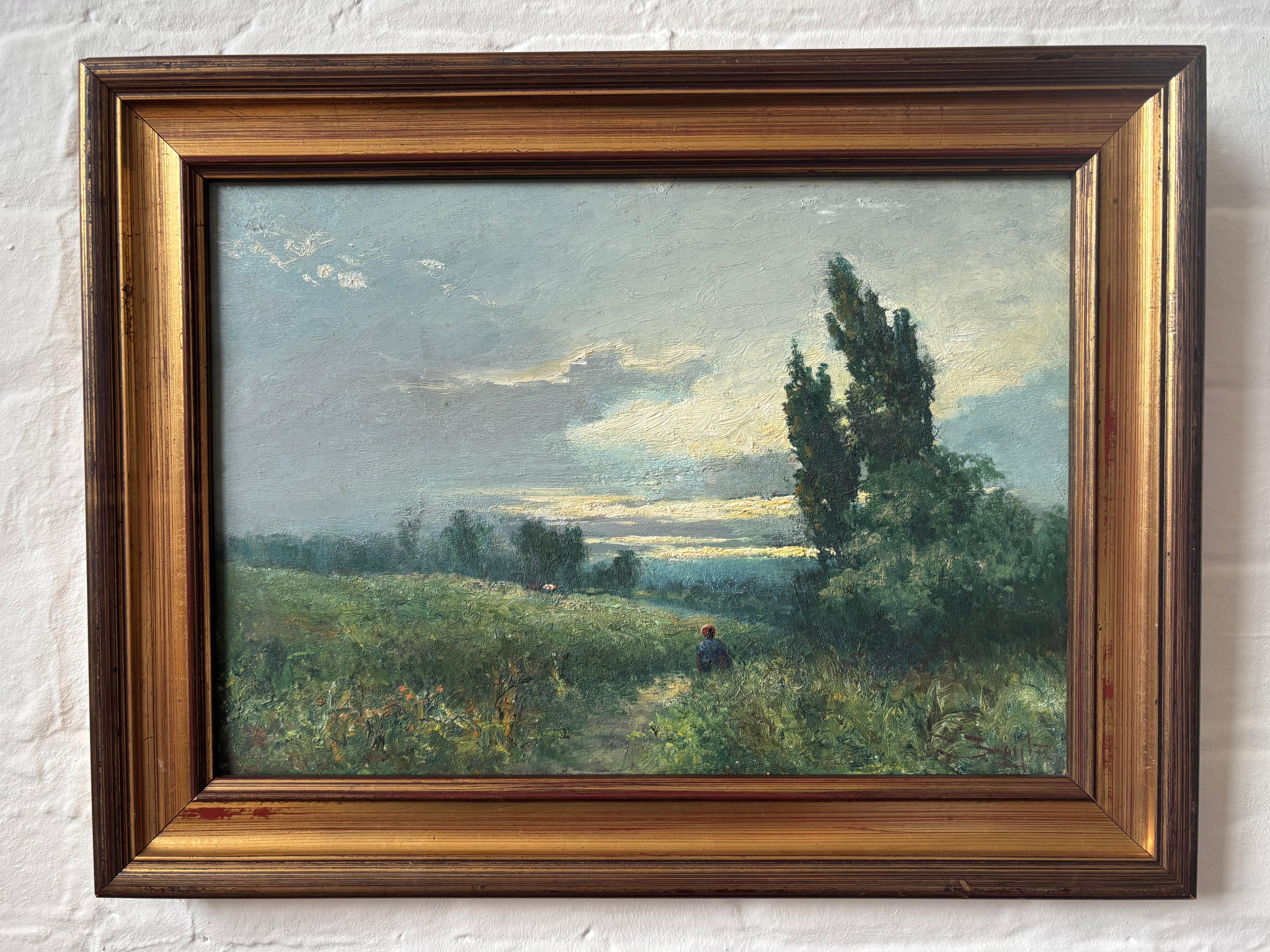 George Boyle Peinture à l'huile impressionniste, école de Barbizon d'un personnage avant le coucher du soleil en vente 11