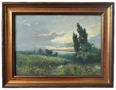 George Boyle Impressionist oil painting, Barbizon School of figure before sunset