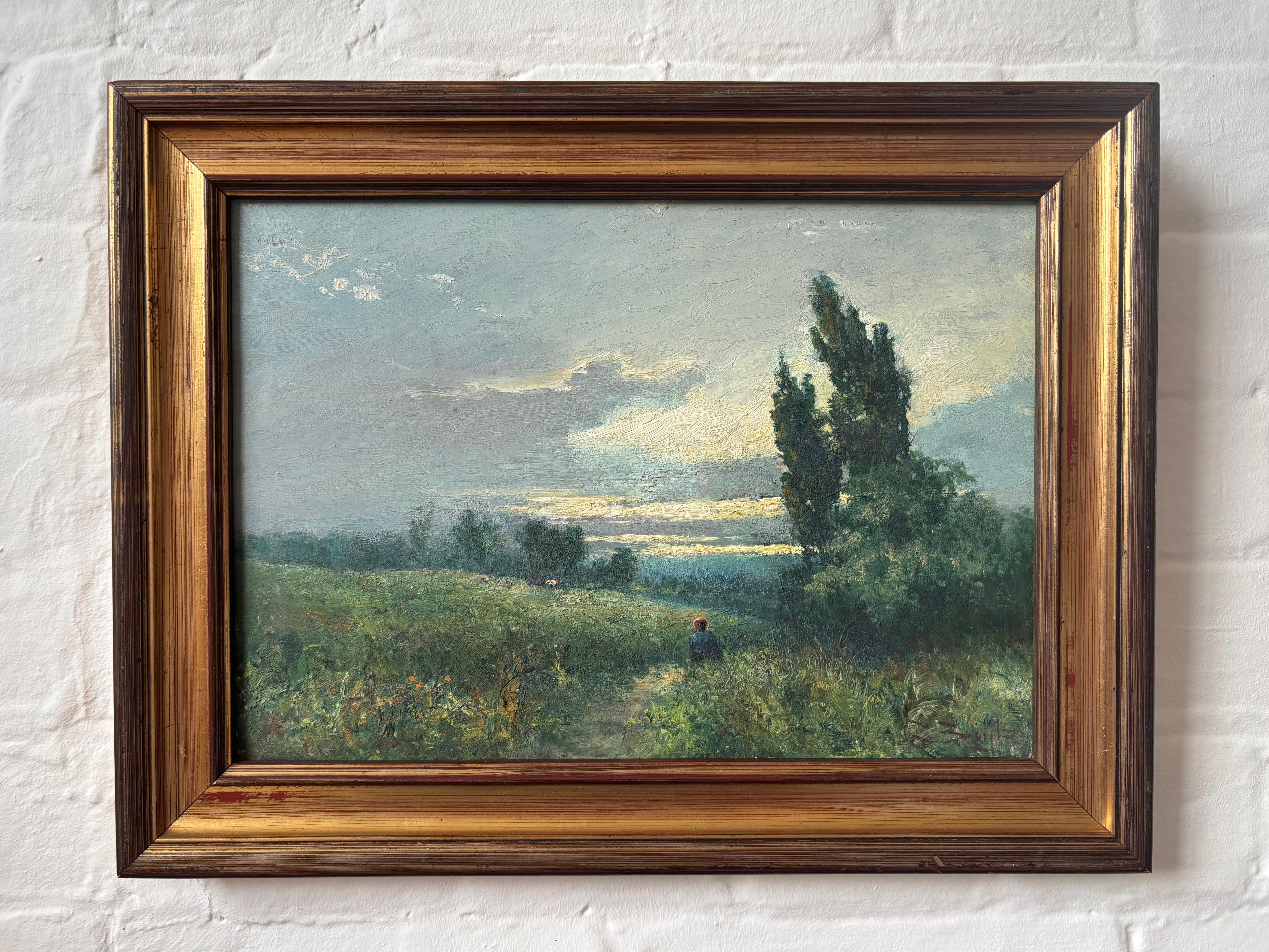 George Boyle Peinture à l'huile impressionniste, école de Barbizon d'un personnage avant le coucher du soleil en vente 2