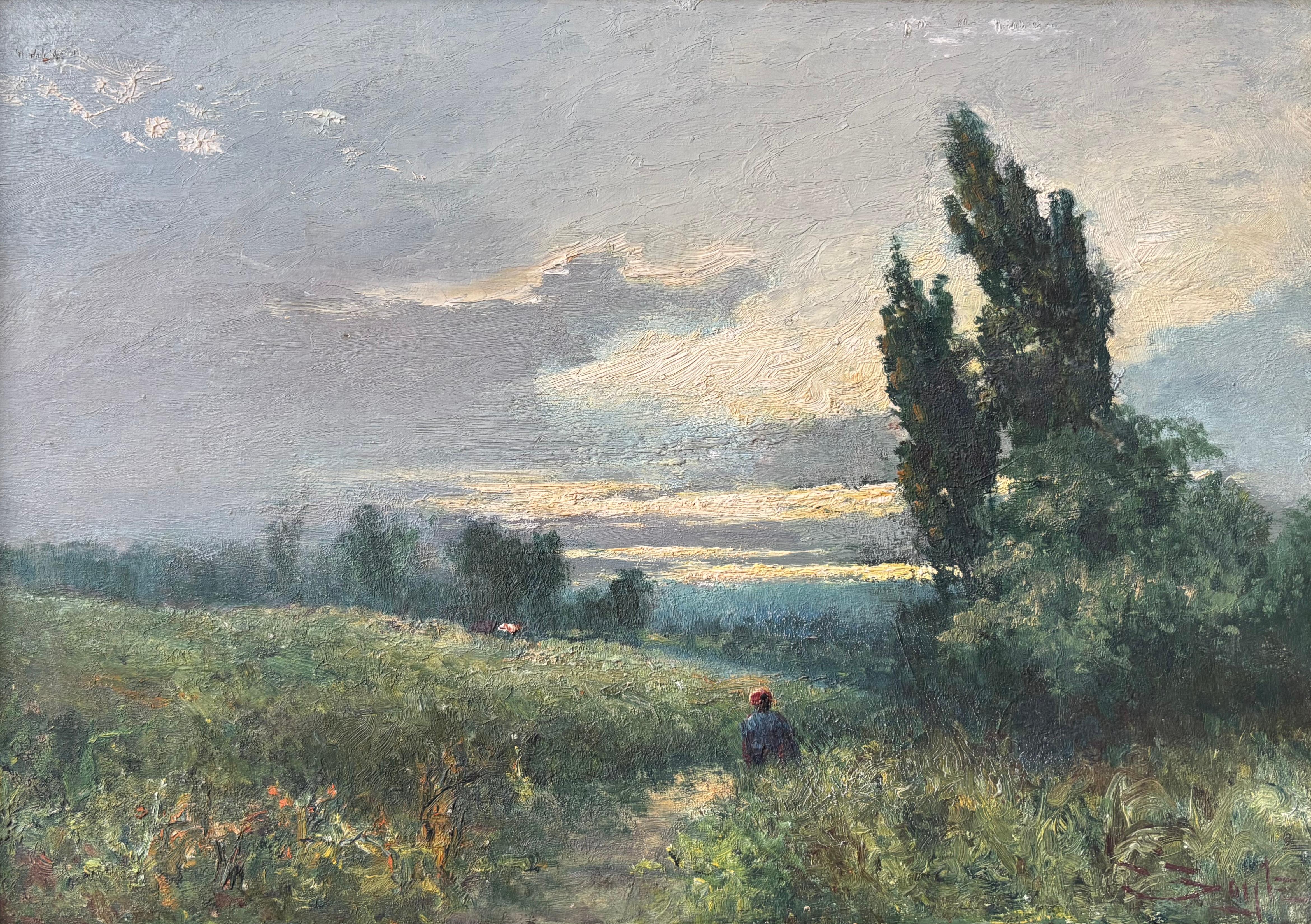 George Boyle Peinture à l'huile impressionniste, école de Barbizon d'un personnage avant le coucher du soleil en vente 3