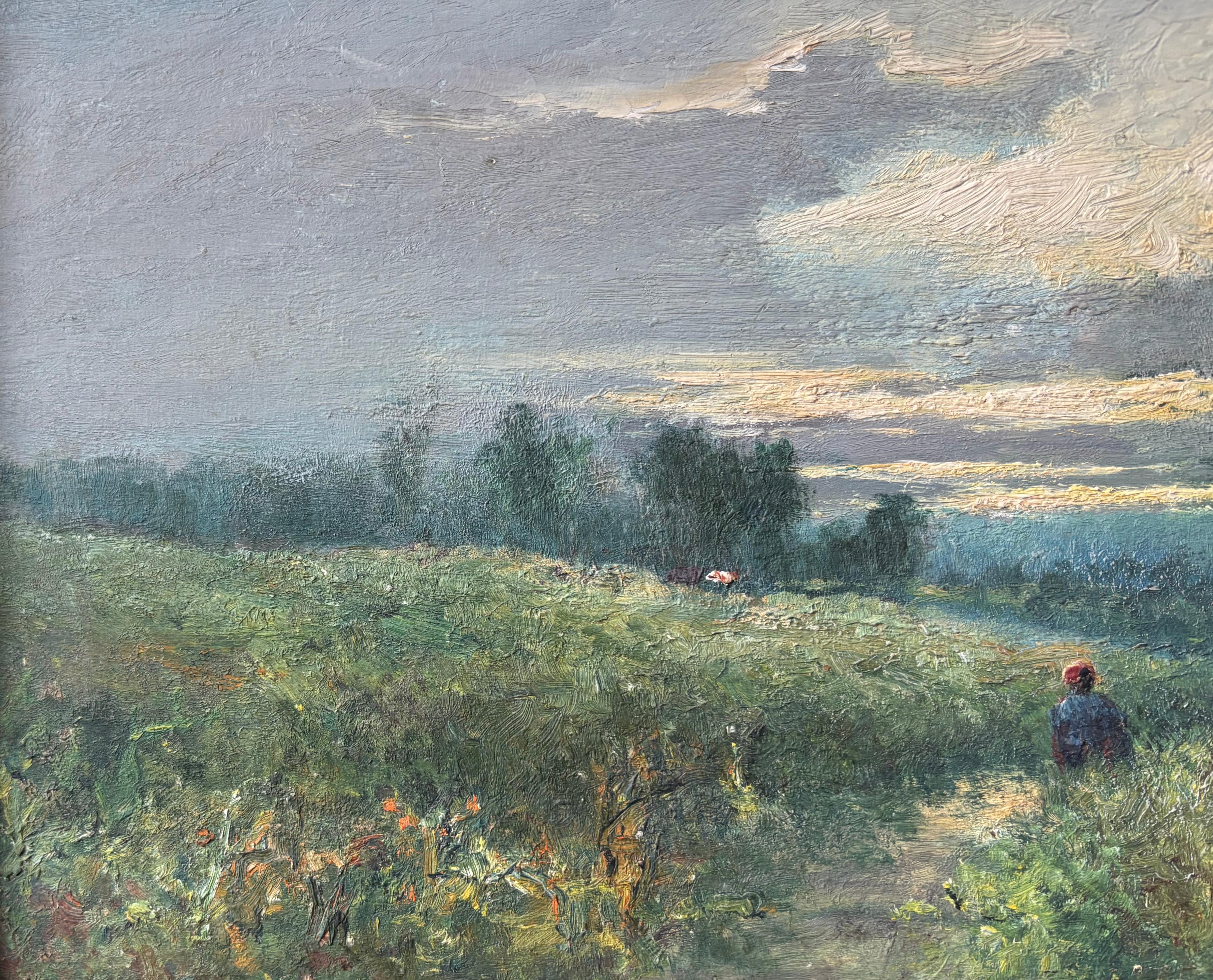 George Boyle Peinture à l'huile impressionniste, école de Barbizon d'un personnage avant le coucher du soleil en vente 4