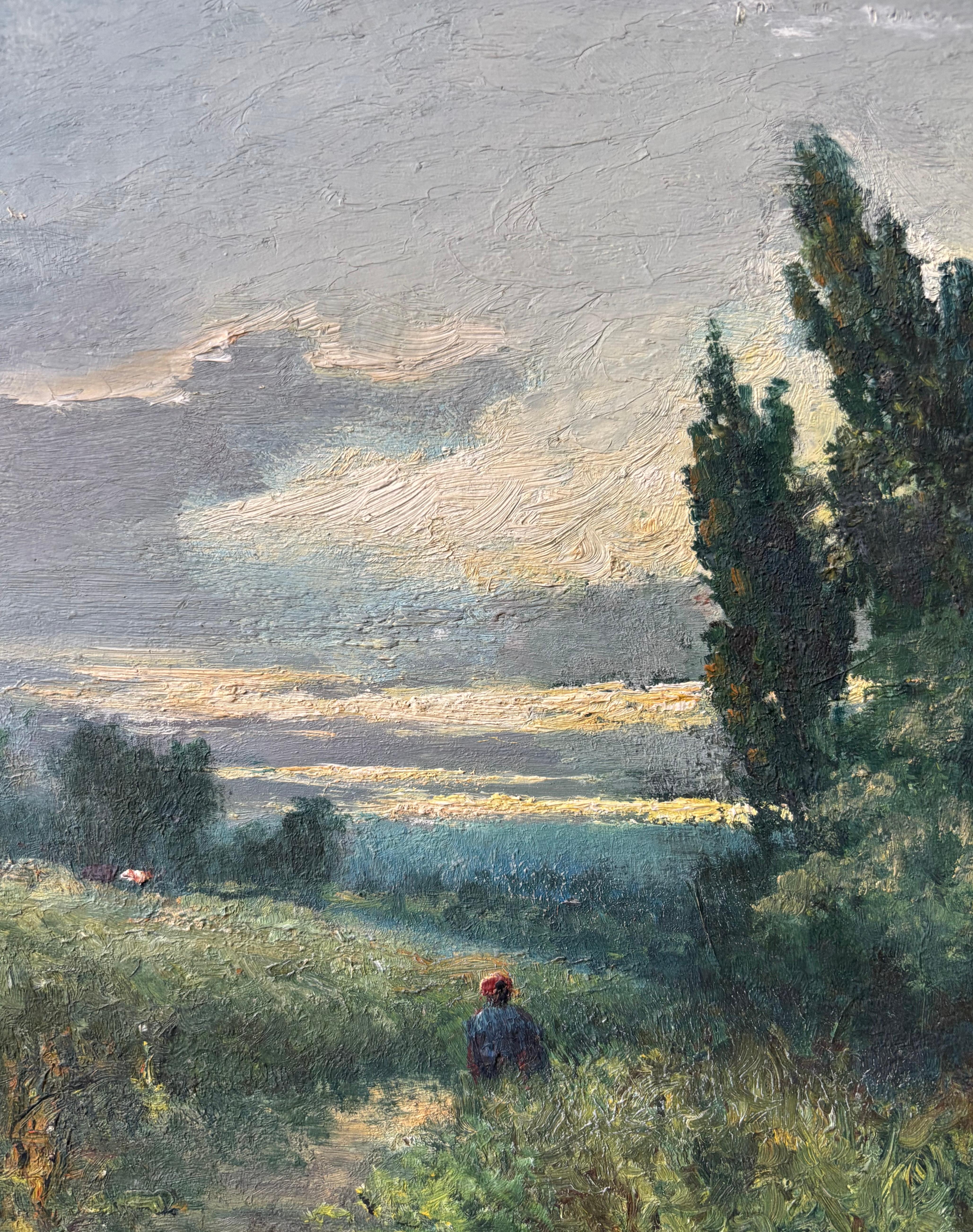 George Boyle Peinture à l'huile impressionniste, école de Barbizon d'un personnage avant le coucher du soleil en vente 5