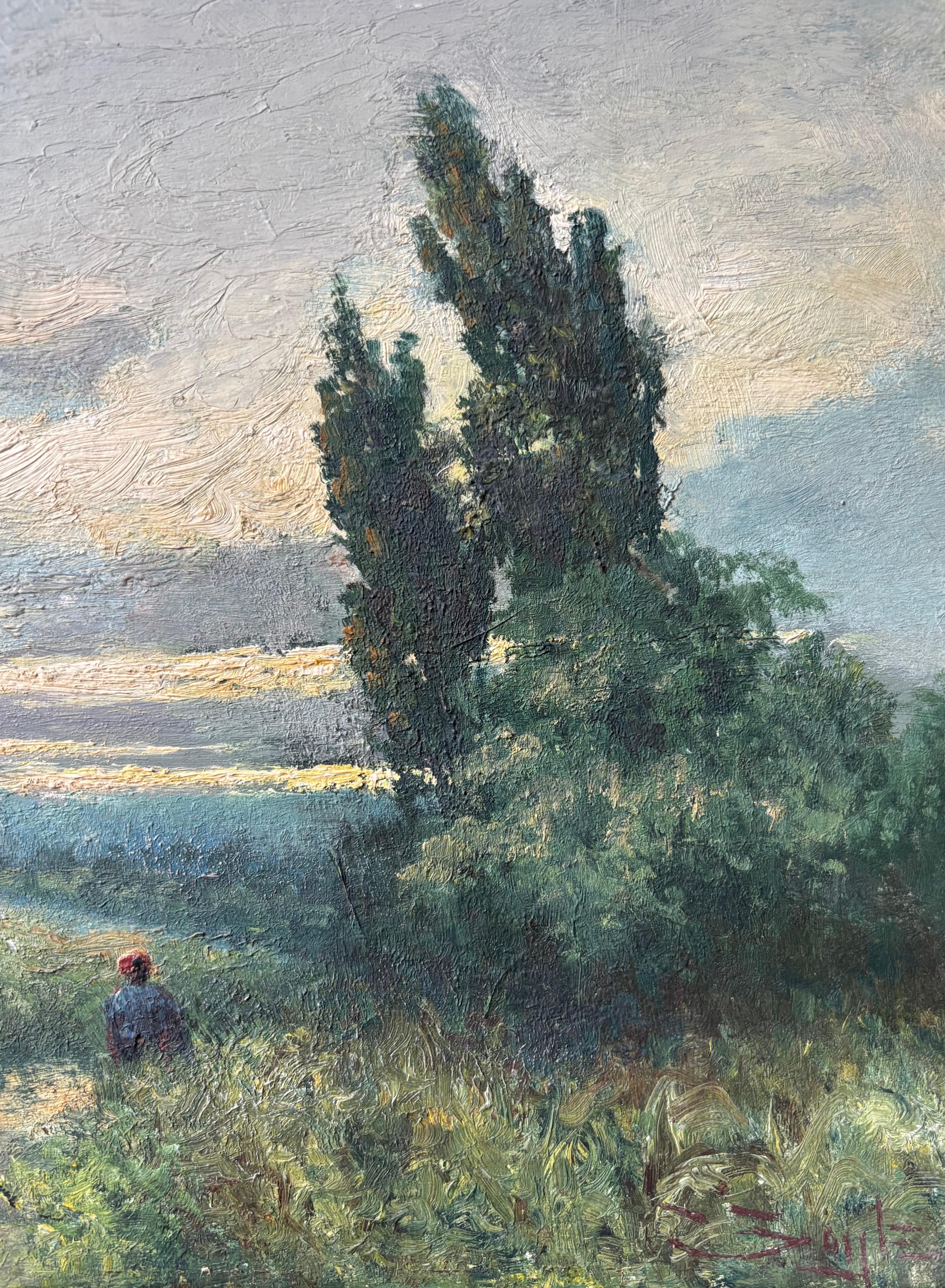 George Boyle Peinture à l'huile impressionniste, école de Barbizon d'un personnage avant le coucher du soleil en vente 6