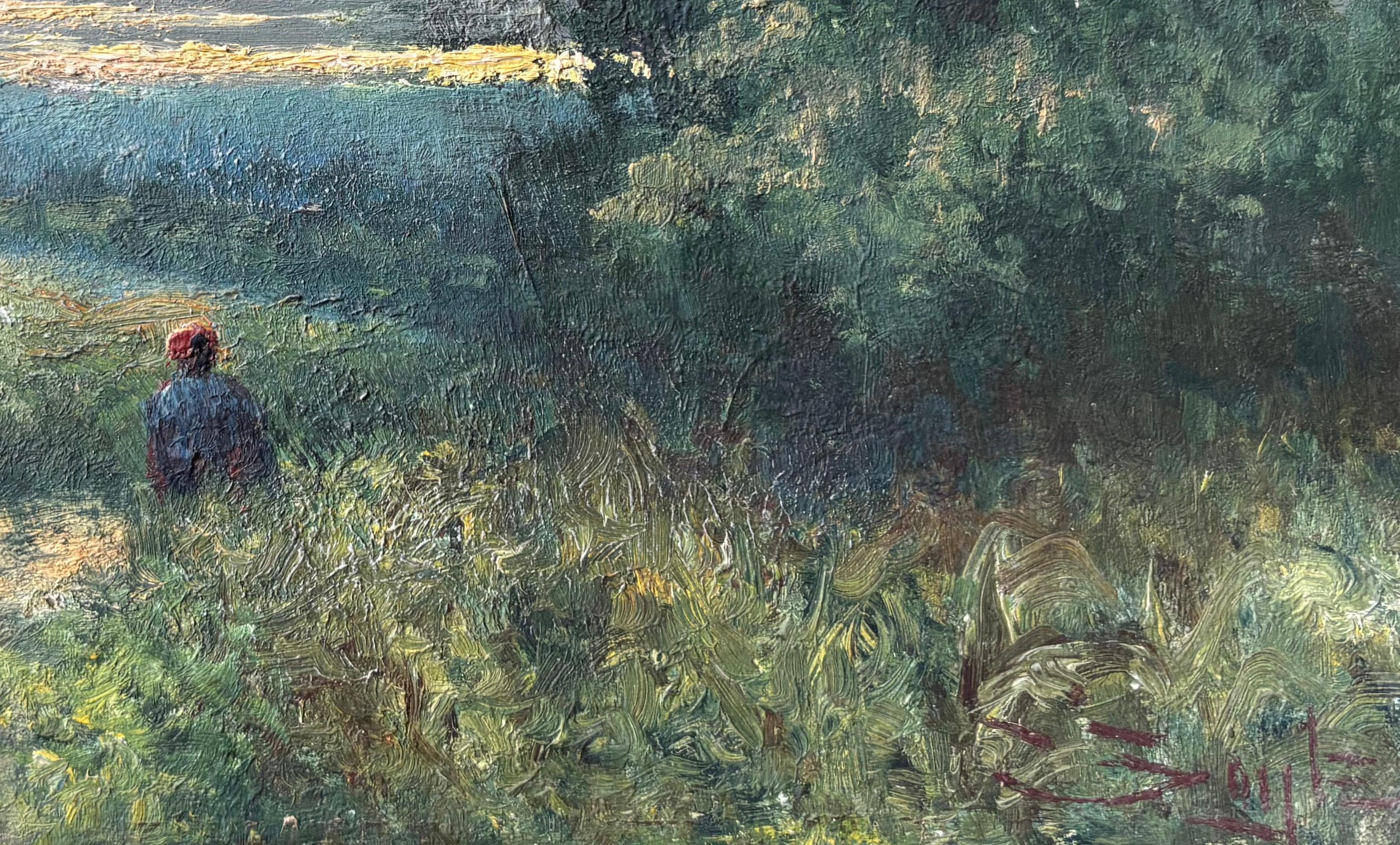 George Boyle Peinture à l'huile impressionniste, école de Barbizon d'un personnage avant le coucher du soleil en vente 8