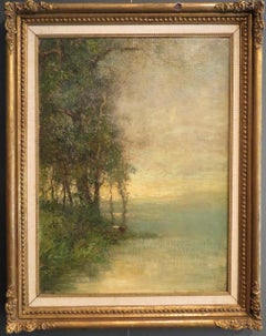 George Boyle - Large Antique English oil painting - Cattle Watering At Sunset