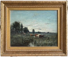 George Boyle, dipinto a olio impressionista di grandi dimensioni, Scuola di Barbizon, mucche che si abbeverano