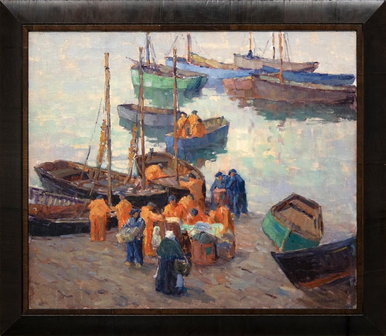 Fishermen on the Dock Loading Supplies - Painting by George Brandriff