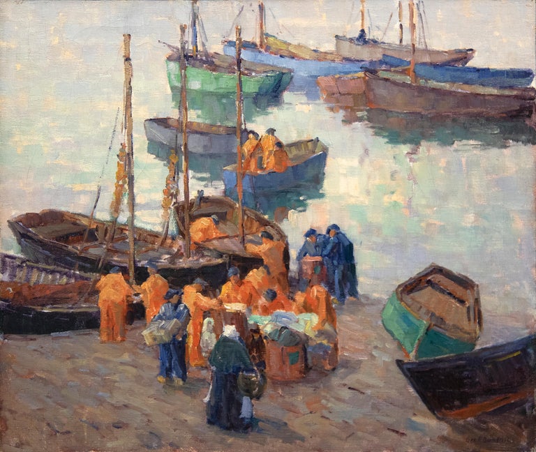 George Brandriff Figurative Painting - Fishermen on the Dock Loading Supplies