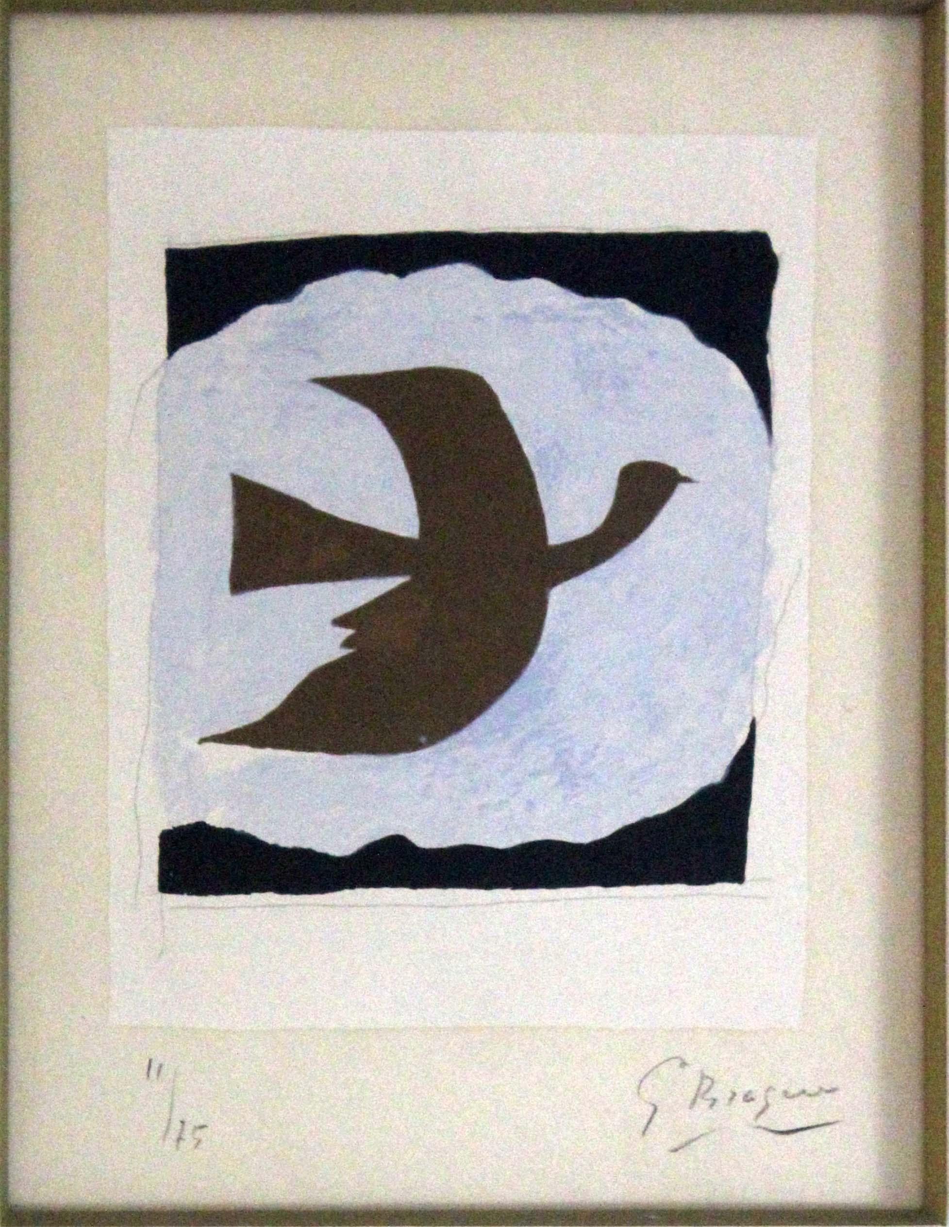 A marvelous modern lithograph on Rives paper titled Oiseau Bistro 1960 by George Braque. Hand signed in pencil on the bottom right with an annotation of 11/75 on the bottom left. The subject of the print is a flying bird in Braque’s signature cubist