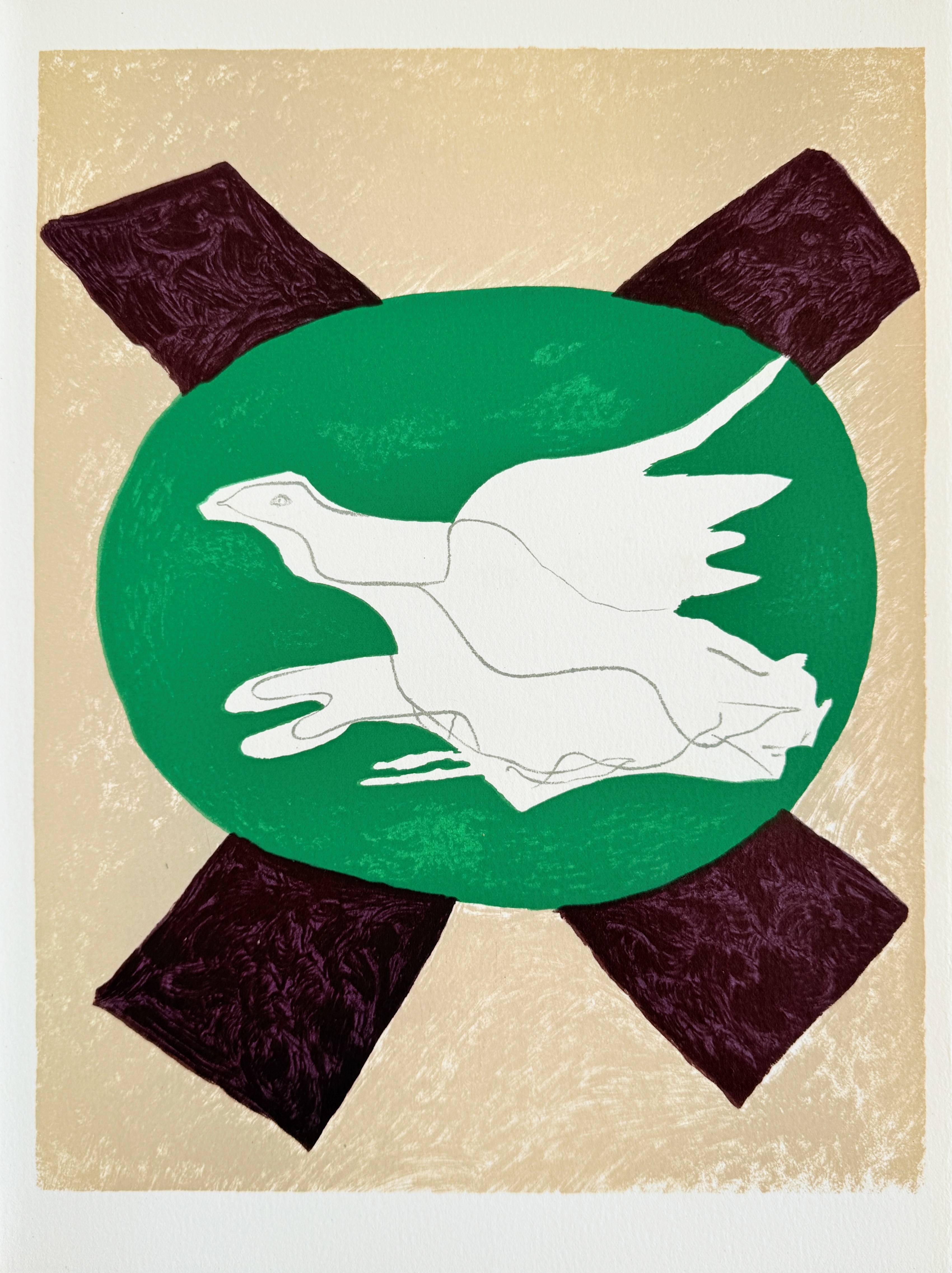 Print di George Braque - Colombe sur fond vert