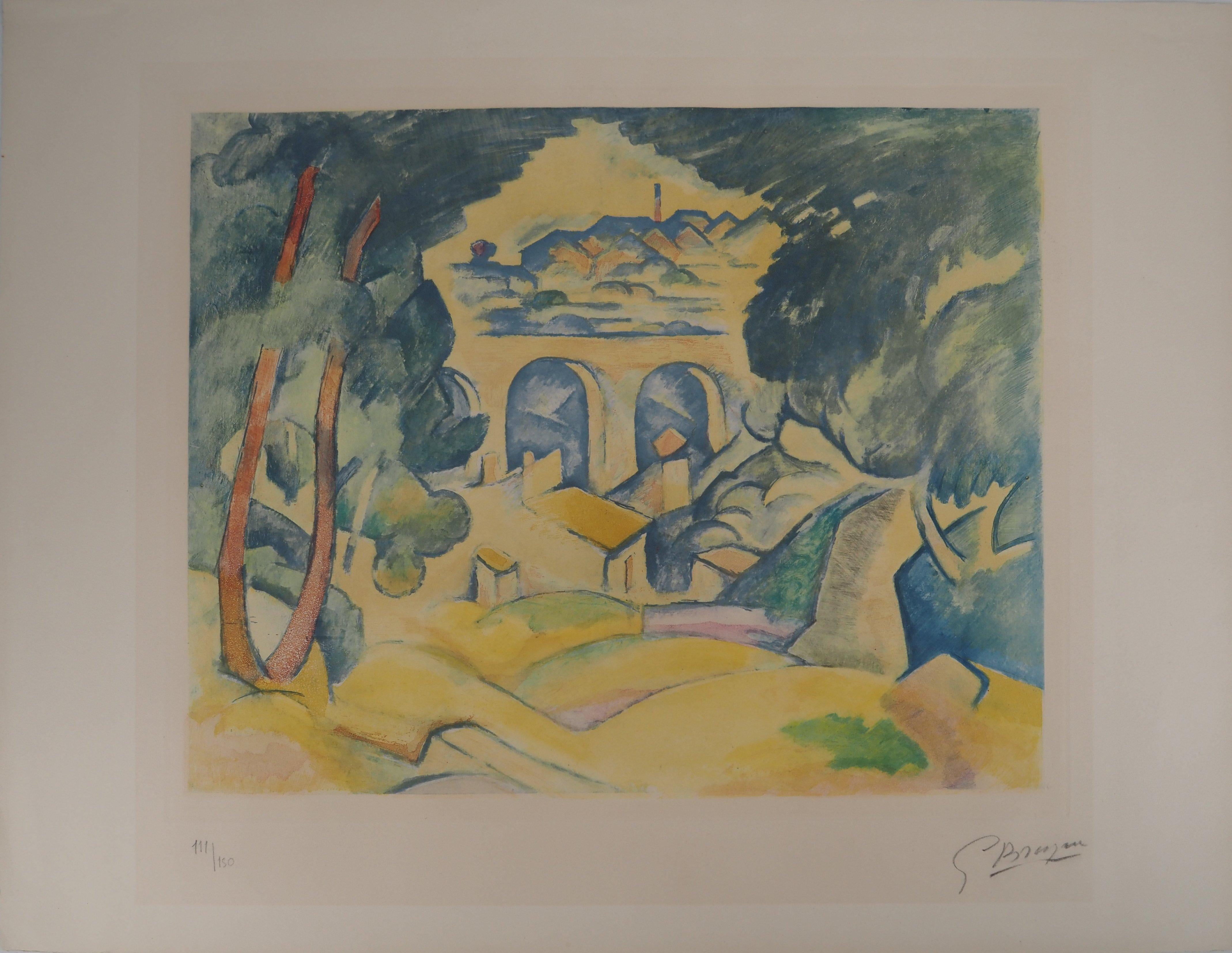 Homenaje a Cezanne : Puente de Estaque - Grabado original, FIRMADO (Orozco #776) - Print de George Braque