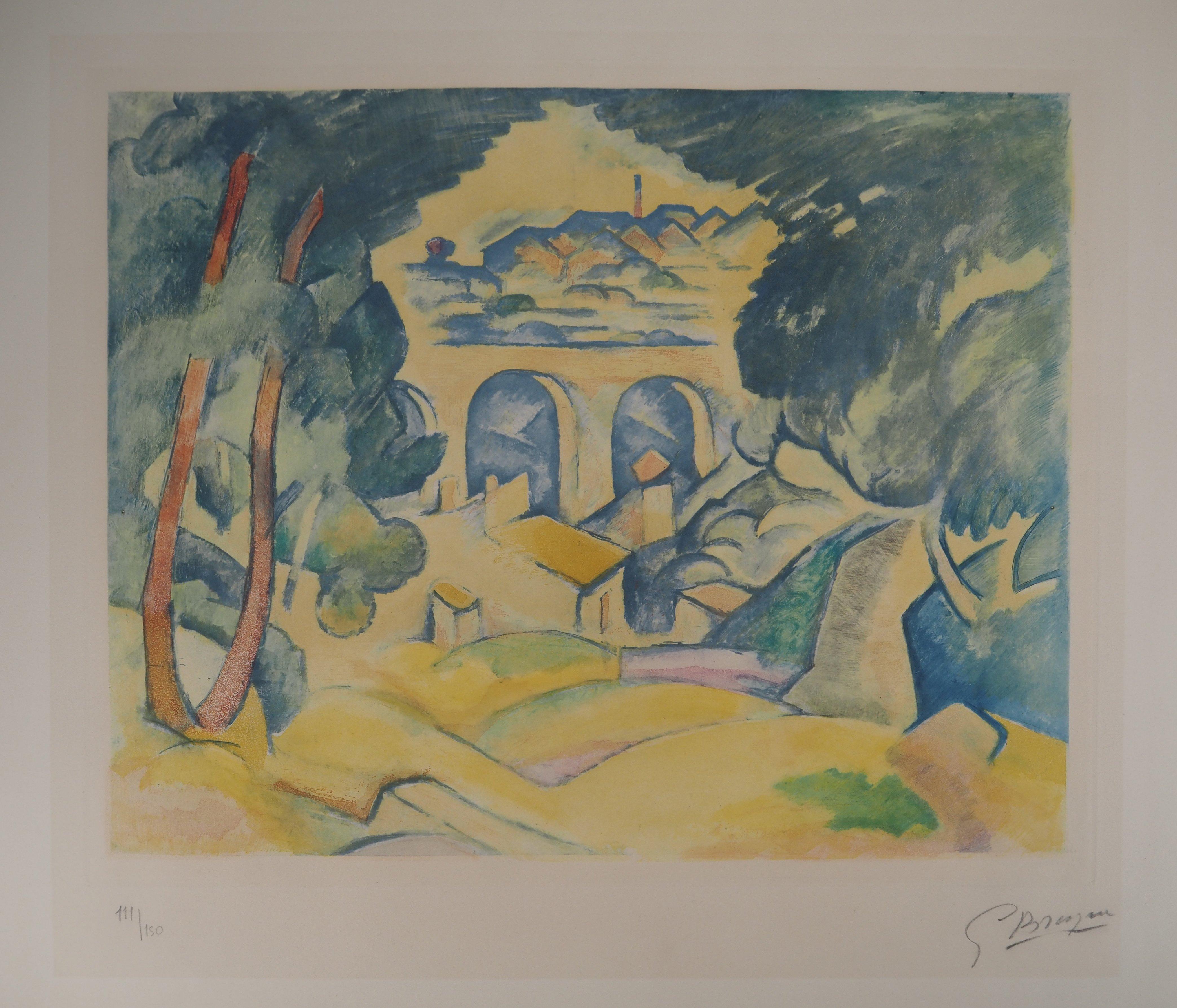 George Braque Landscape Print - Tribute to Cezanne : Estaque Bridge - Original etching, SIGNED (Orozco #776)