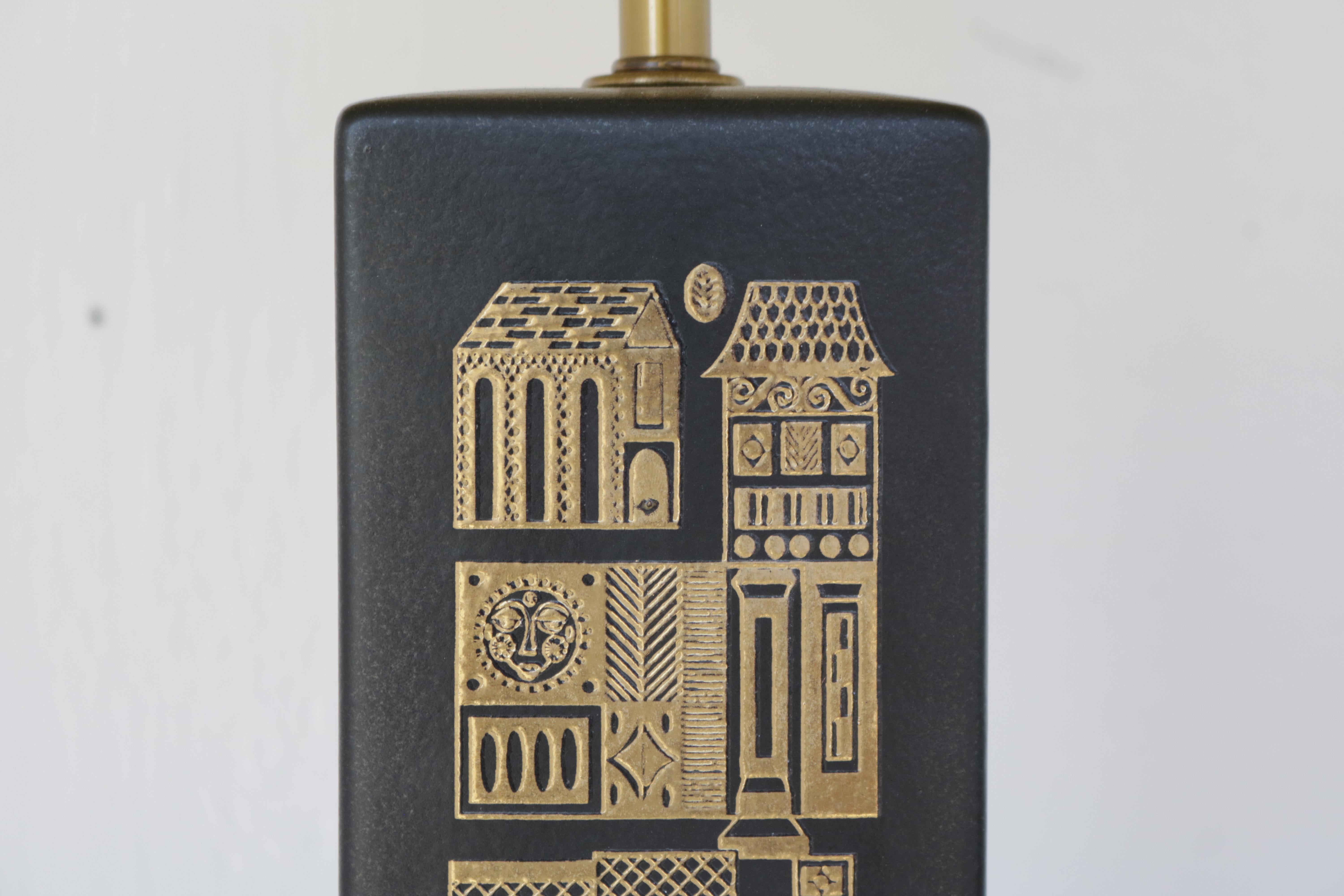 American George Briard 1960s Black and Gold Ceramic Table Lamp