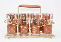 George Briard Highball Brown and Gold Glasses in a Brass Cart set of 8 c. 1960's