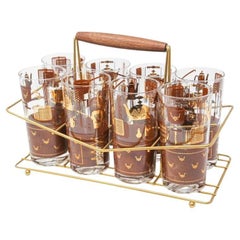 Retro George Briard Highball Brown and Gold Glasses in a Brass Cart set of 8 c. 1960's