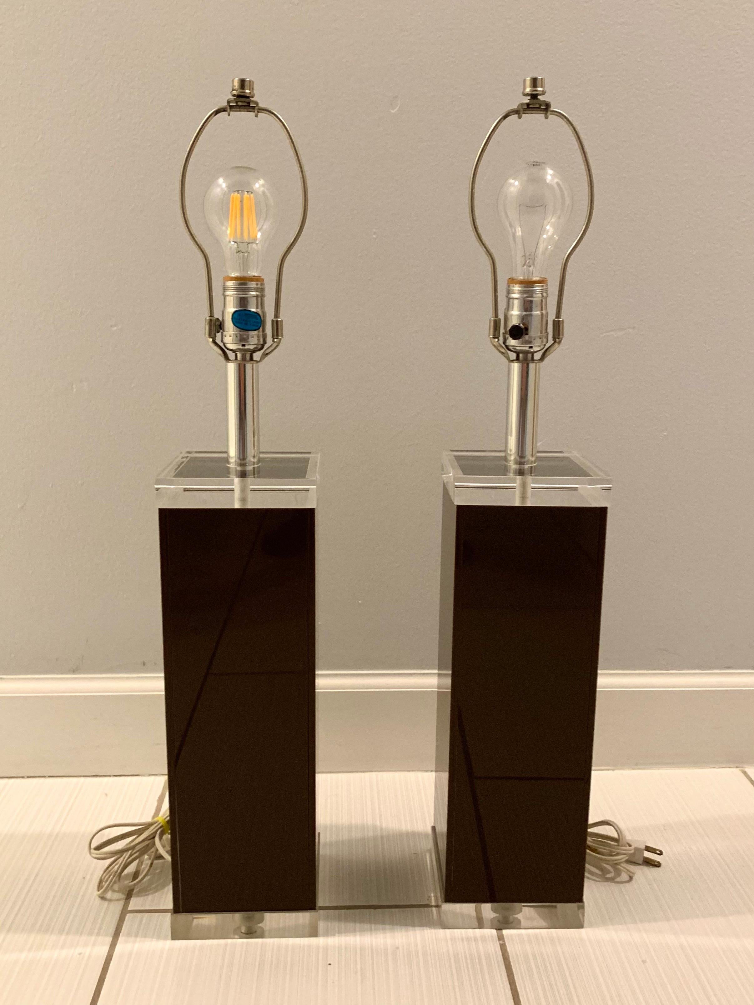 George Bullio Lucite Lamps in Brown and Clear, a Pair For Sale 2