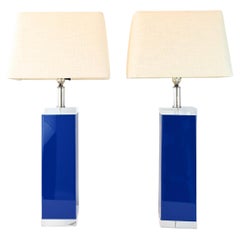 George Bullio Lucite Table Lamps Blue and Clear a Pair