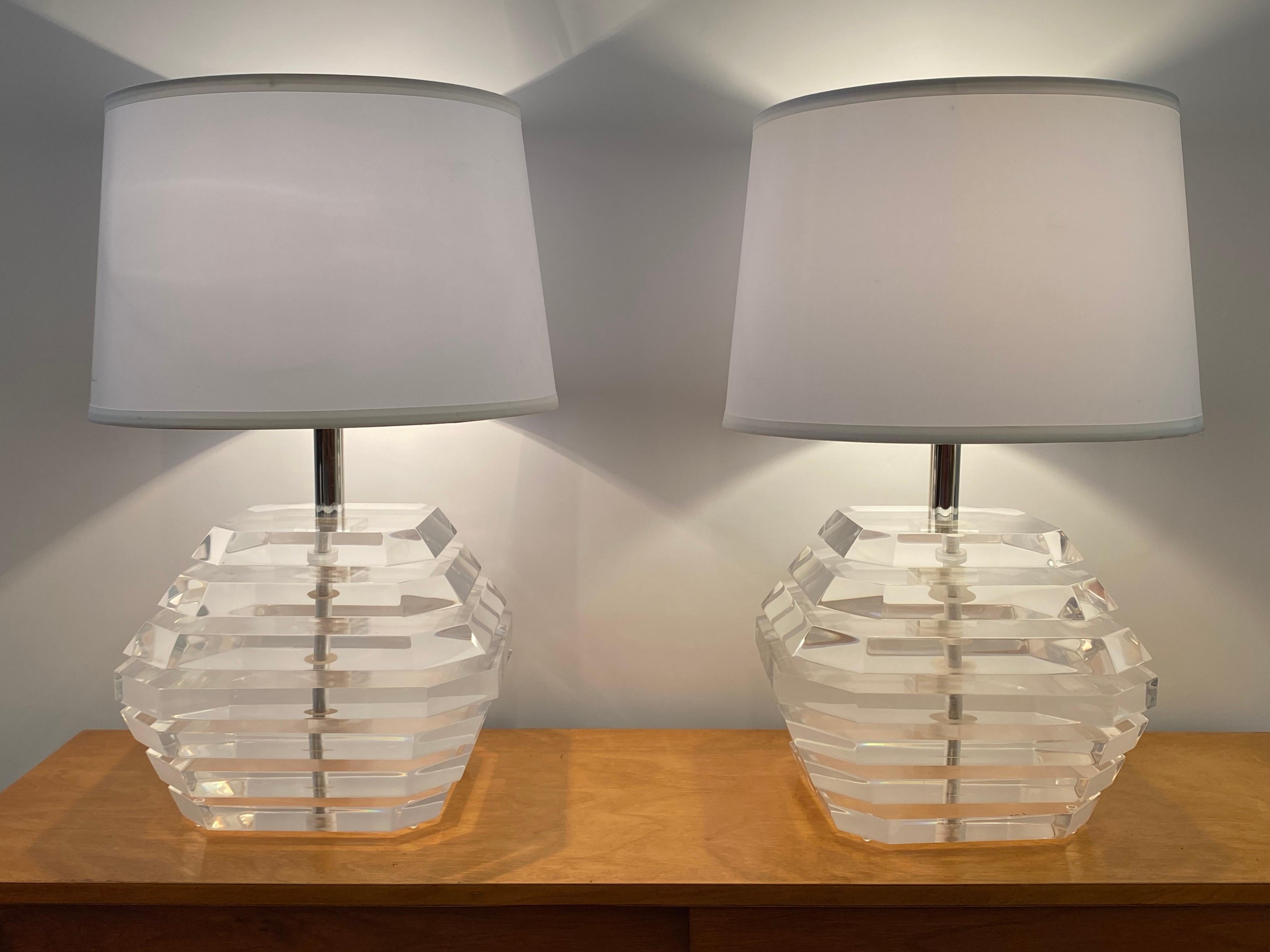 Late 20th Century George Bullio Pair Lucite Trapezoidal Table Lamps