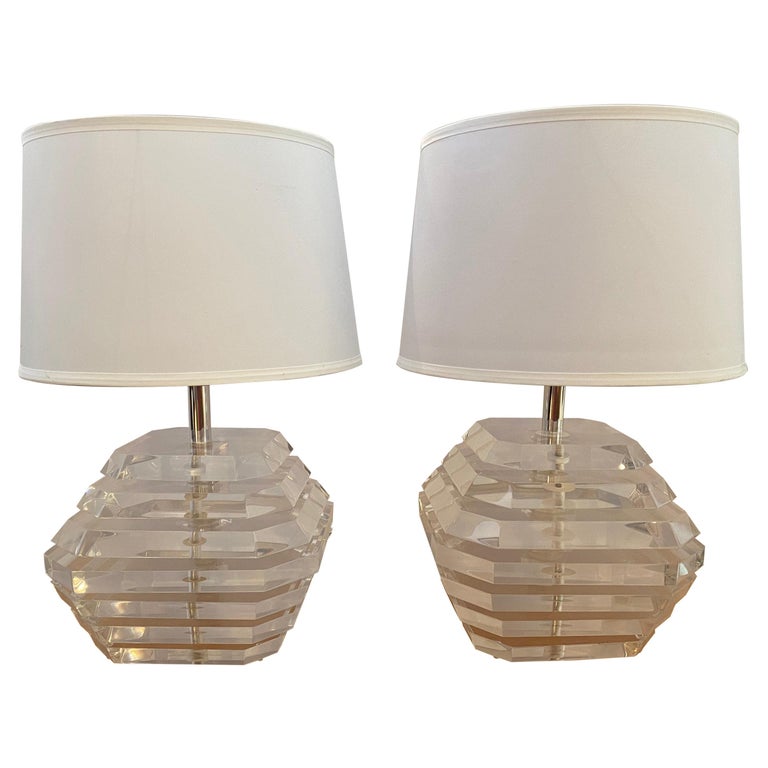 George Bullio Pair Lucite Trapezoidal Table Lamps For Sale