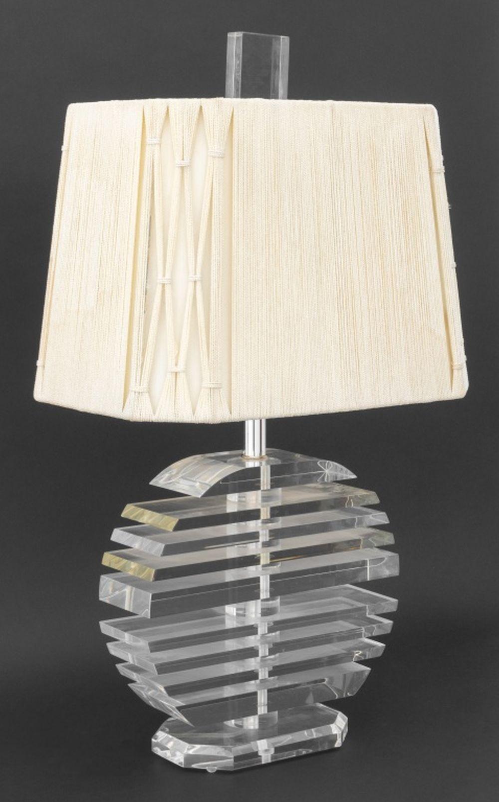 George Bullio Stacked Lucite Table Lamp, with cream colored shade and square finial, on hexagonal lucite base. 30