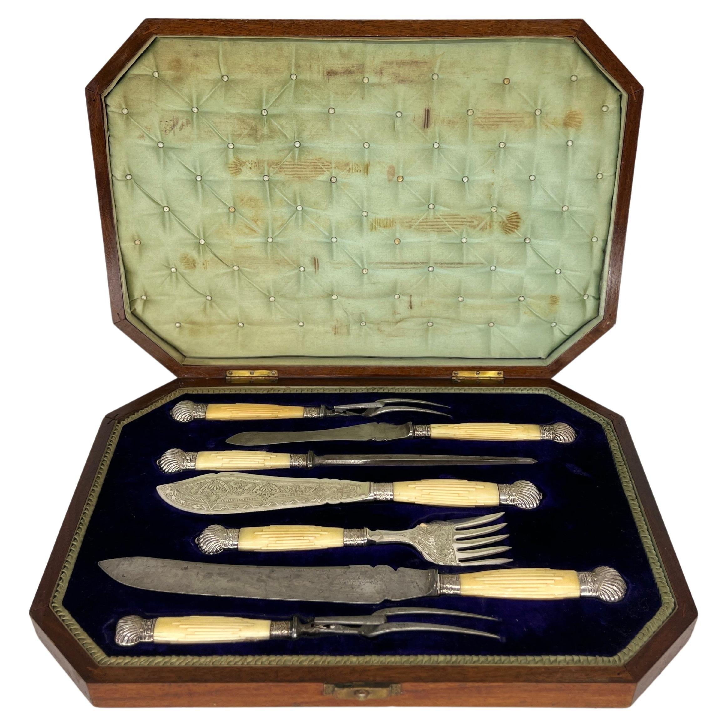 George Butler & Company 7 Piece Sterling Mounted Sheffield Cased Serving Set For Sale