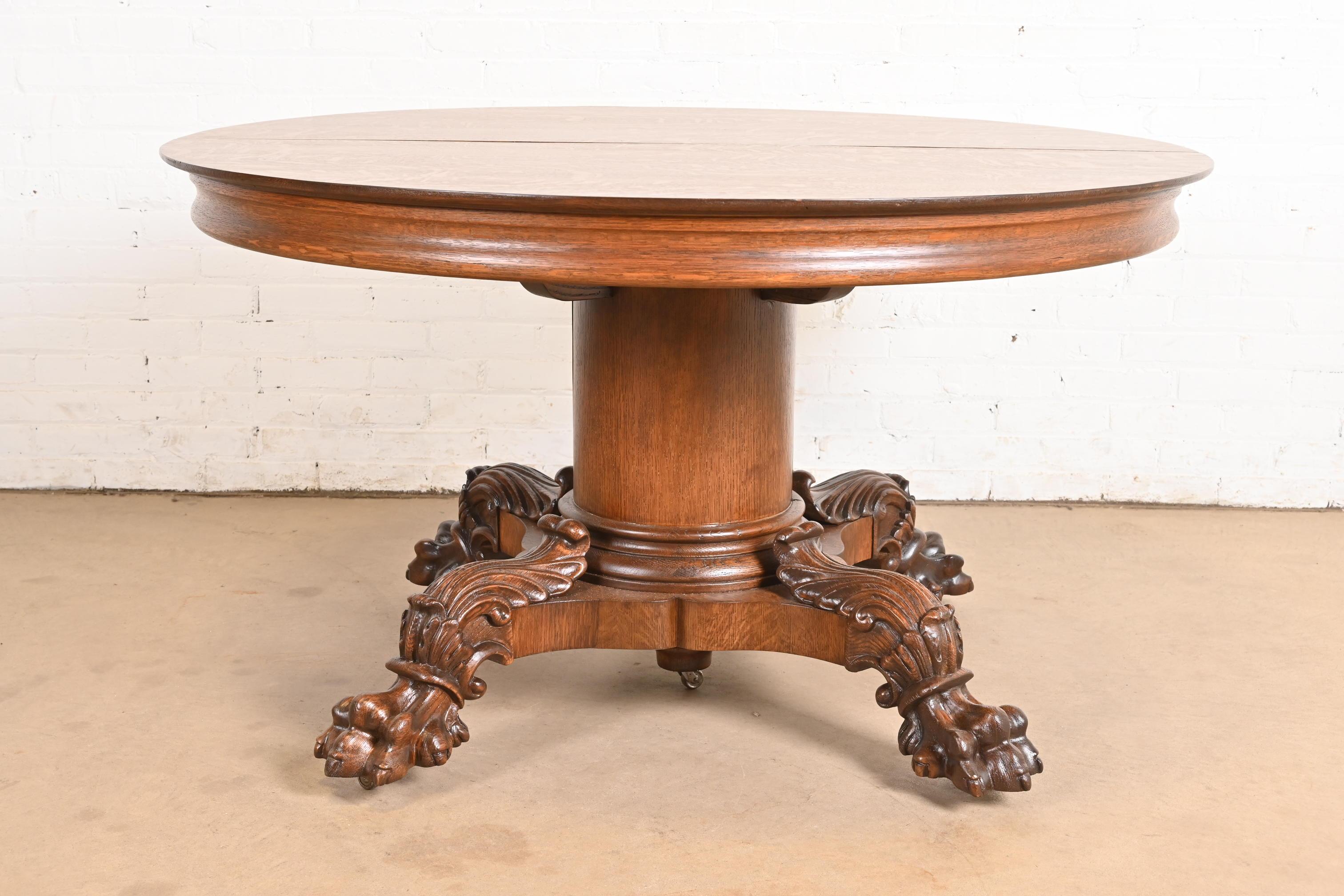 George C. Flint Co. Antique Victorian Oak Split Pedestal Extension Dining Table For Sale 6