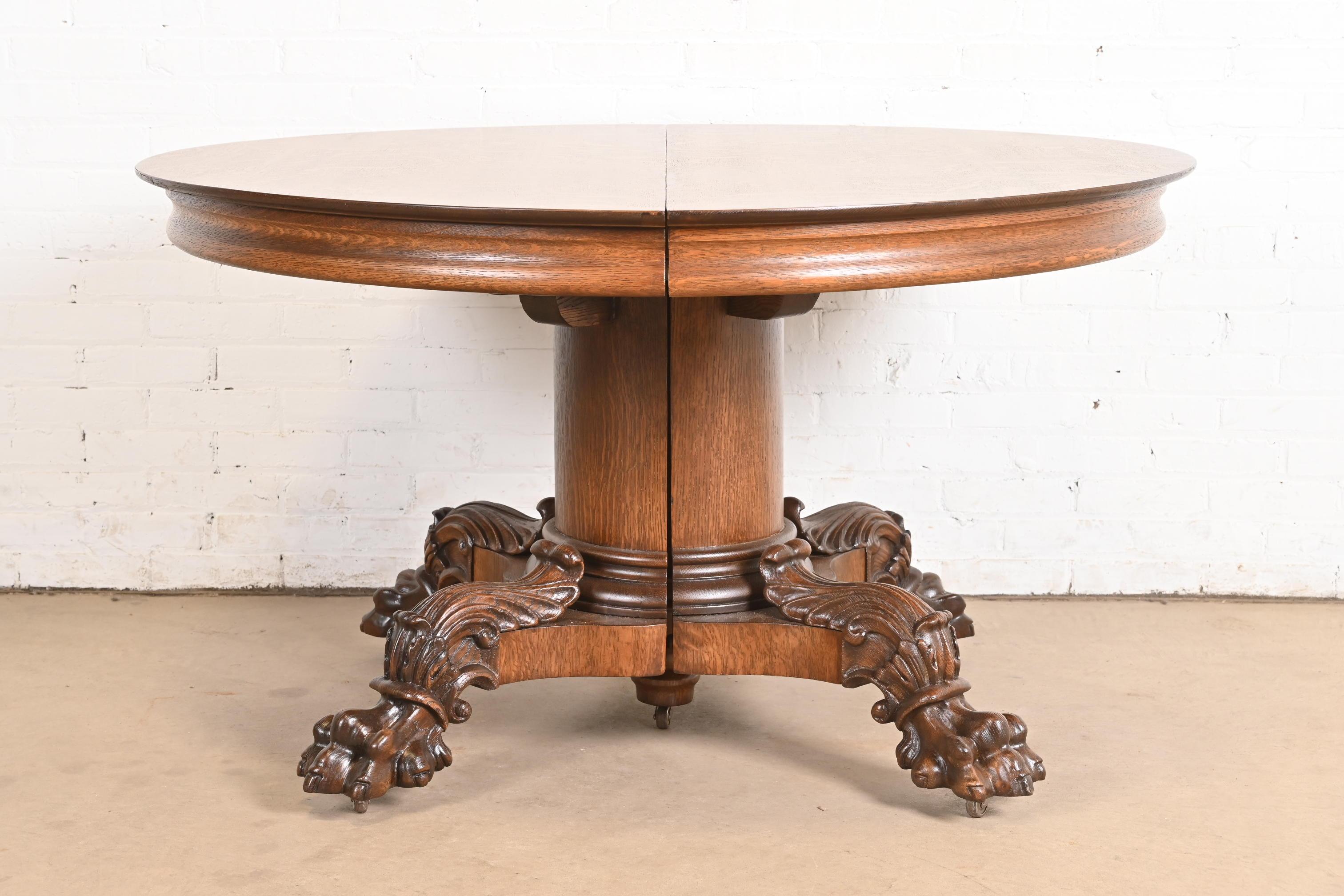 American George C. Flint Co. Antique Victorian Oak Split Pedestal Extension Dining Table For Sale