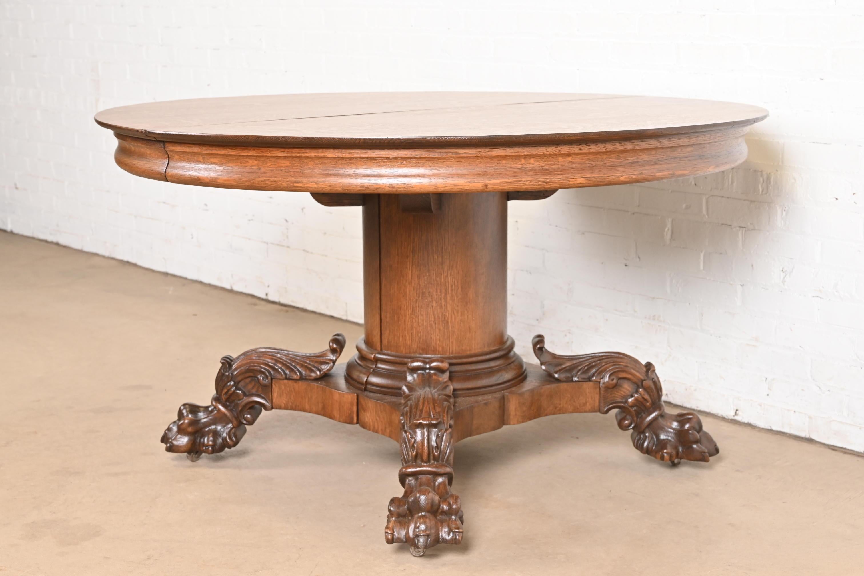 19th Century George C. Flint Co. Antique Victorian Oak Split Pedestal Extension Dining Table For Sale